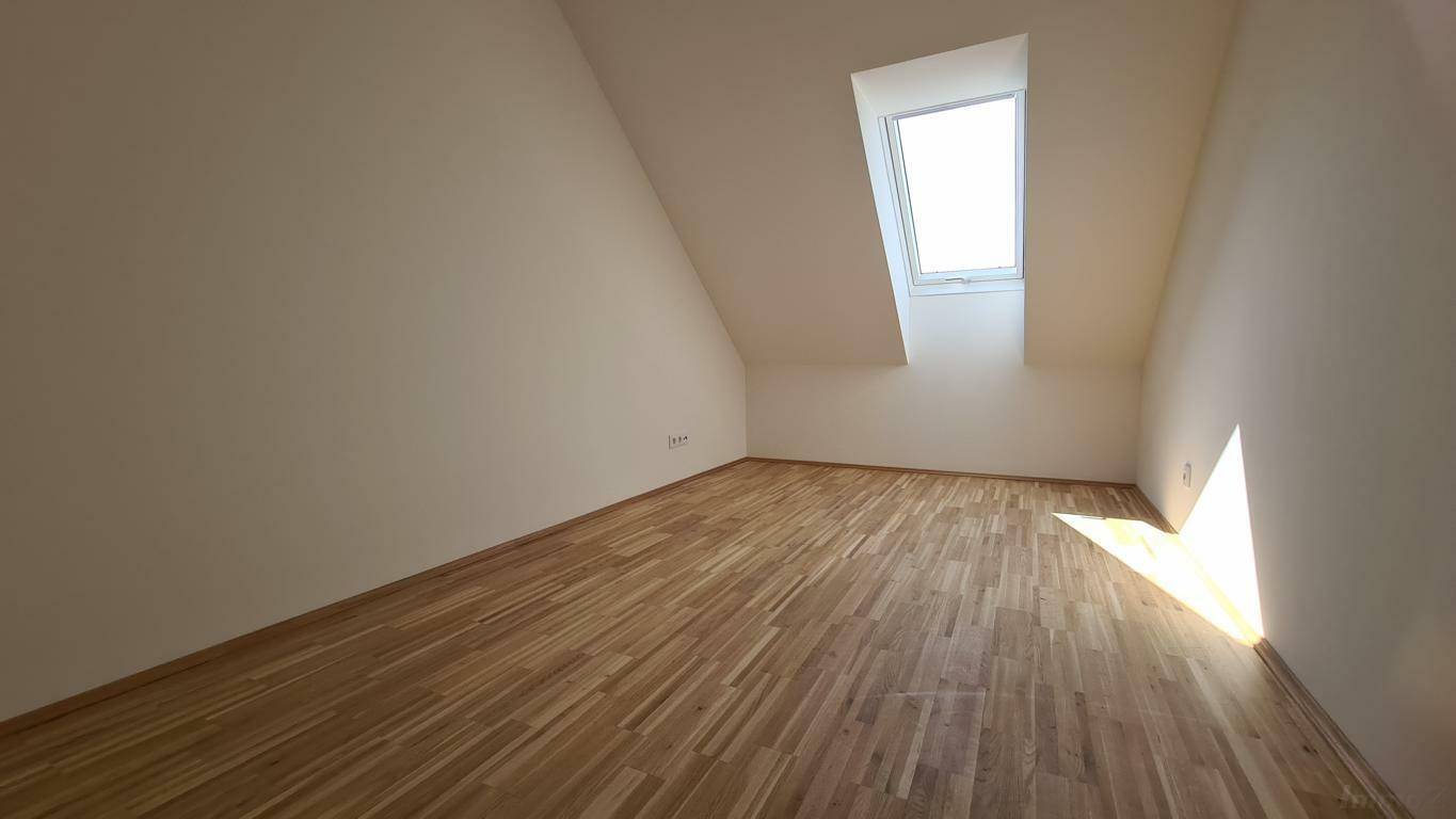 Helles, unmöbliertes Zimmer im Dachgeschoss mit Parkettboden, Dachfenster und viel Tageslicht.