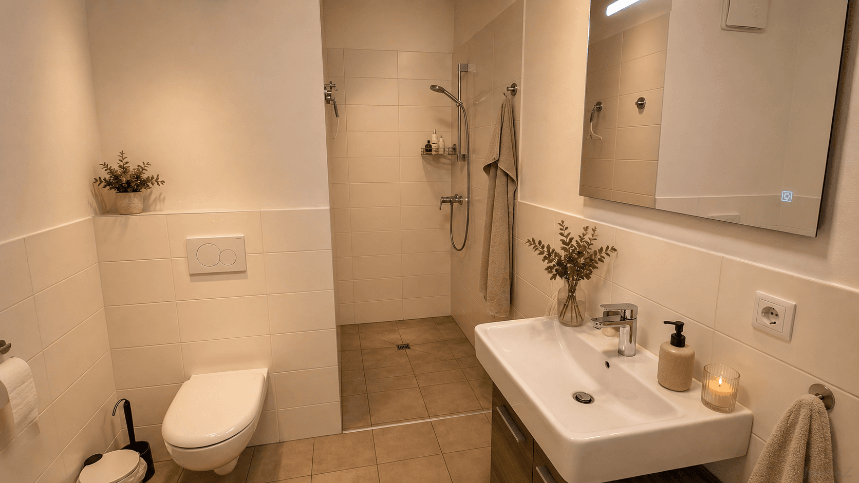 Modernes Badezimmer mit ebenerdiger Dusche, Wand-WC und hellem Fliesenboden.