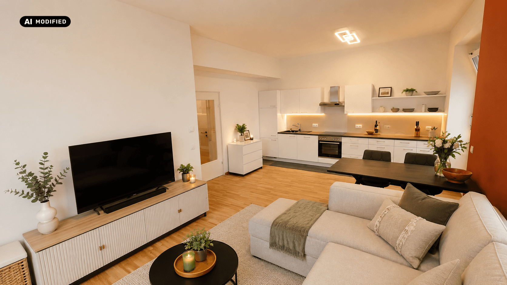 Helles, offenes Wohn- und Esszimmer mit integrierter Küche und modernem Design.