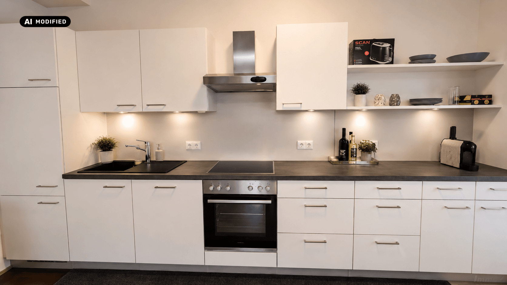 Moderne Einbauküche mit weißen Schränken, dunkler Arbeitsplatte und integrierten Geräten.