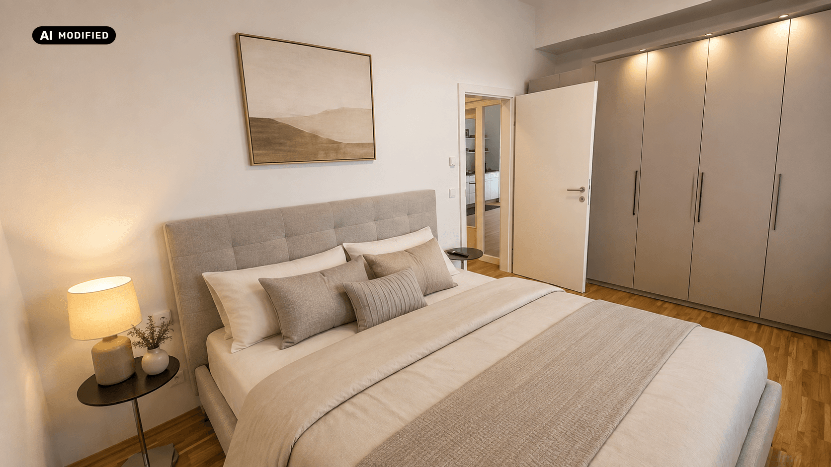 Gemütliches Schlafzimmer mit großem Bett, Holzboden und Einbauschränken.