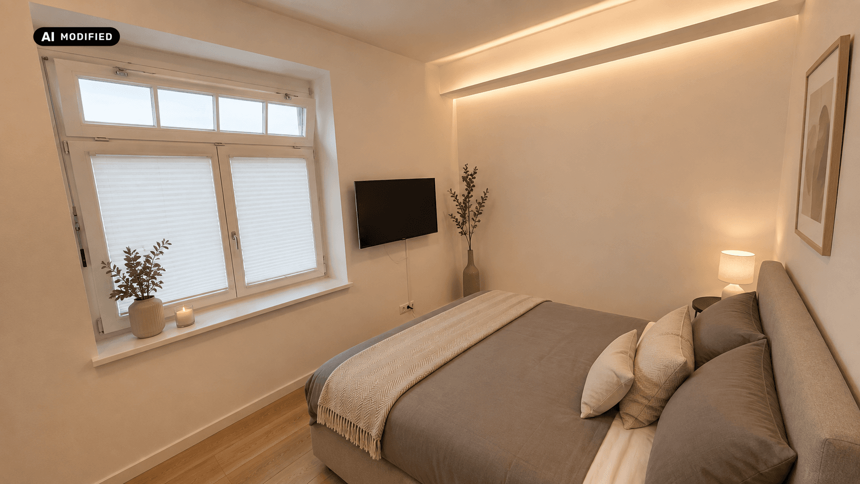 Helles Schlafzimmer mit Doppelbett, Fenster und indirekter Beleuchtung.