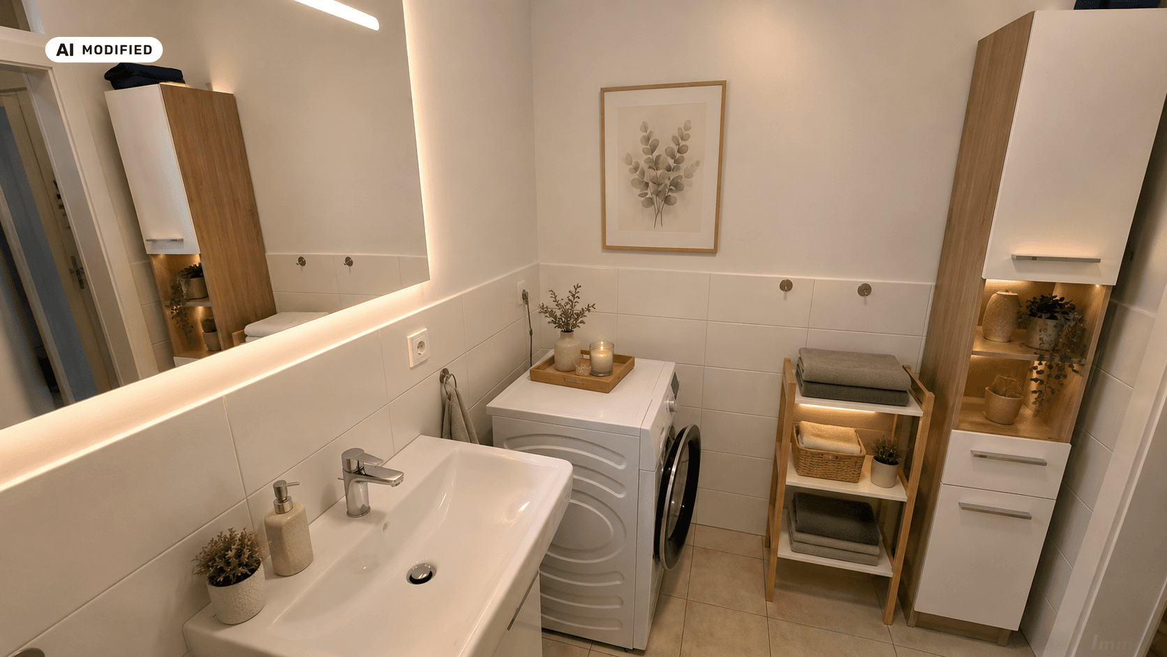 Helles Badezimmer mit Waschbecken, Spiegel und Waschmaschine.