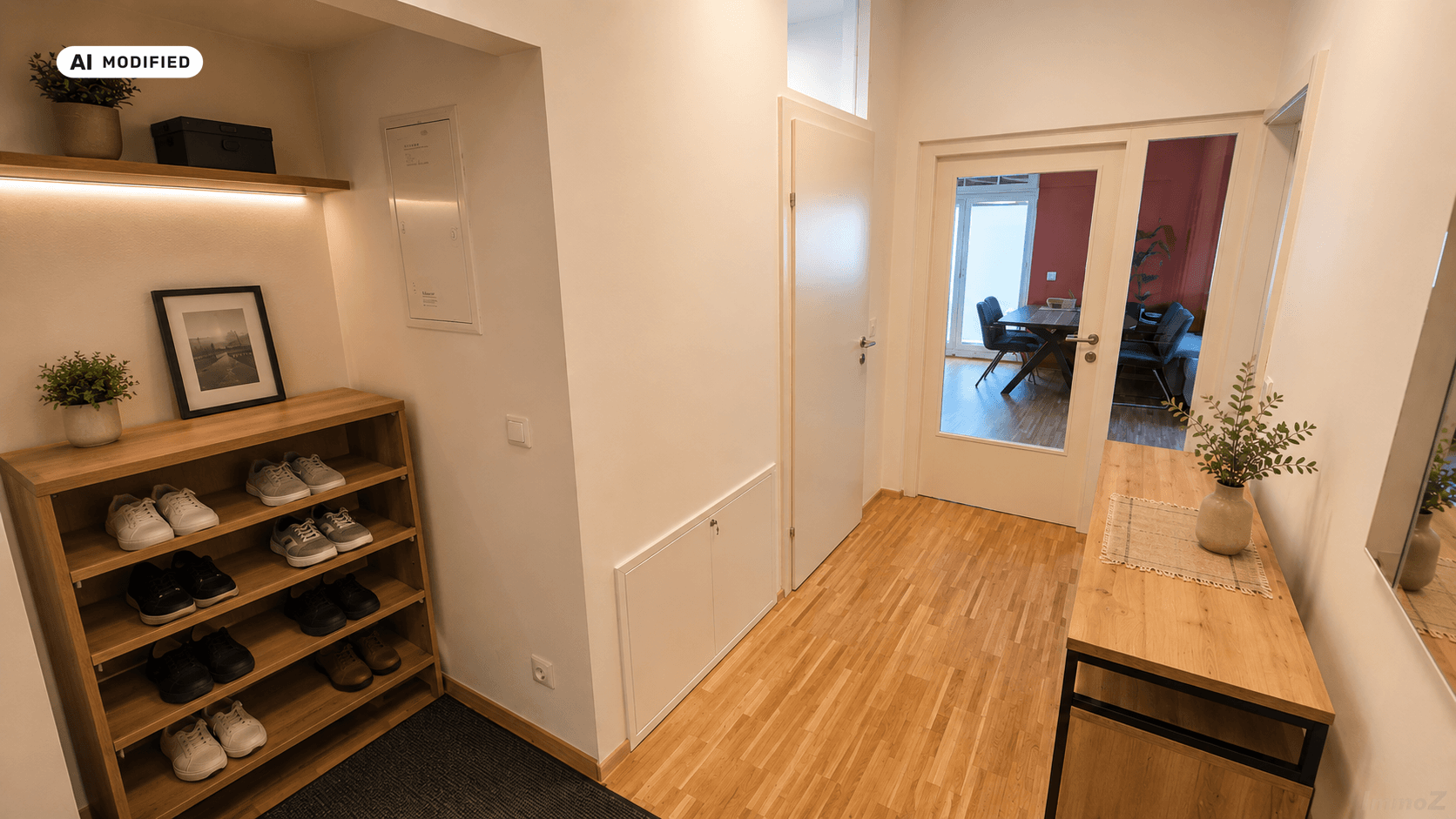 Heller Eingangsbereich mit Holzfußboden, Schuhregal und Zugang zu weiteren Räumen.