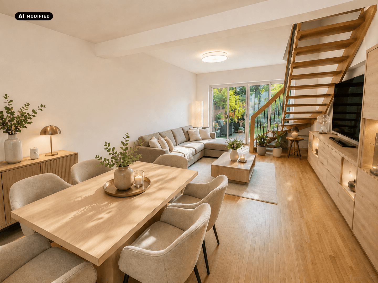 KI-bearbeitet – Wohn-Essbereich mit Zugang zur Terrasse und zum eigenen Garten
