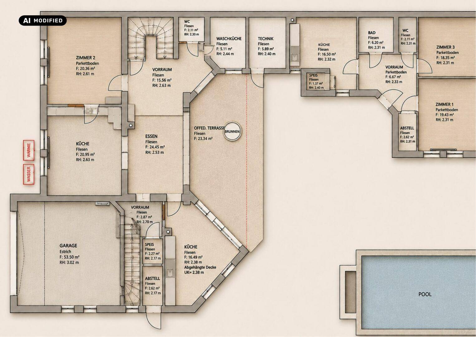 Detaillierter Grundriss des Erdgeschosses mit Wohn-, Essbereich, Küche und Zugang zum Pool.