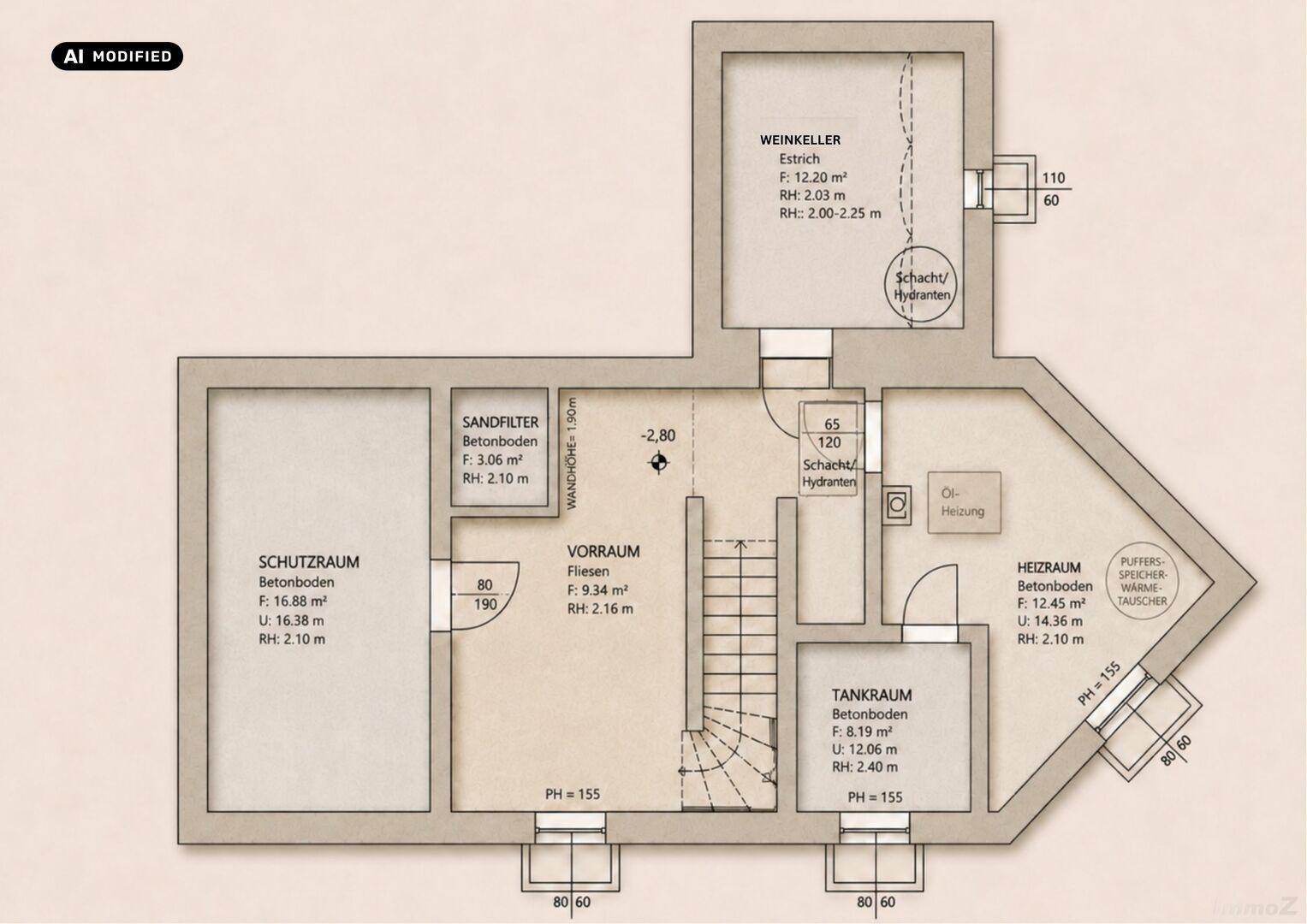 Grundriss des Kellergeschosses mit Weinkeller, Heizraum und Schutzraum für Lagerung.