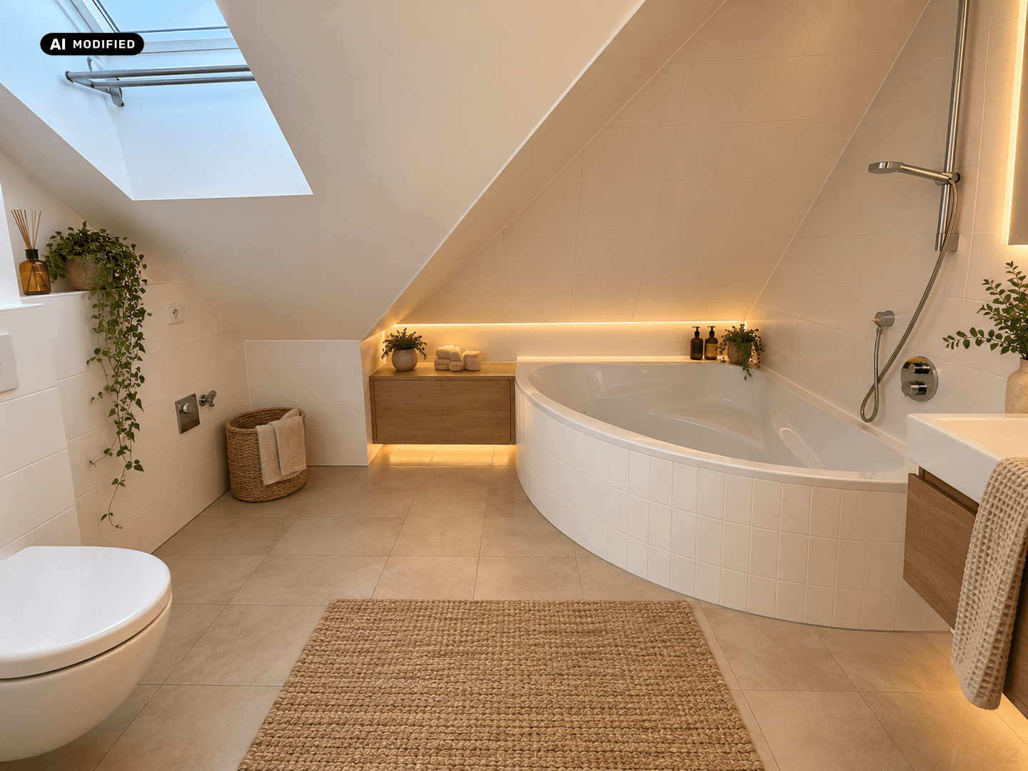 Modernes Badezimmer mit Eckbadewanne, Dusche, Dachschräge und indirekter Beleuchtung.