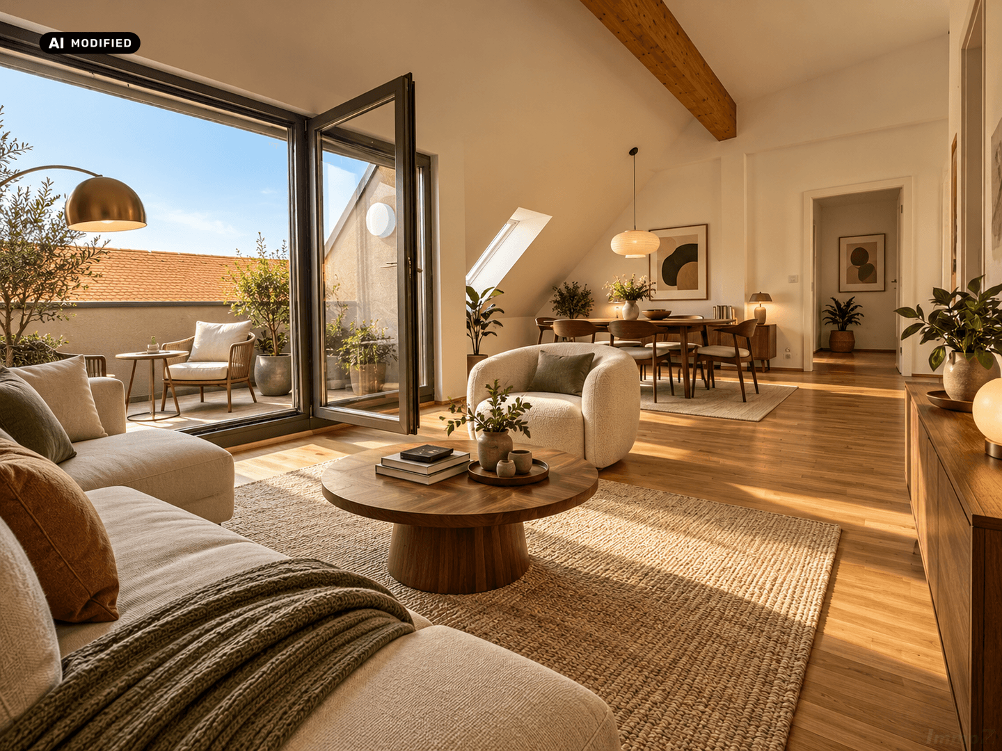 Helles Wohn-Esszimmer mit Holzbalken, Parkettboden und Zugang zur sonnigen Terrasse.