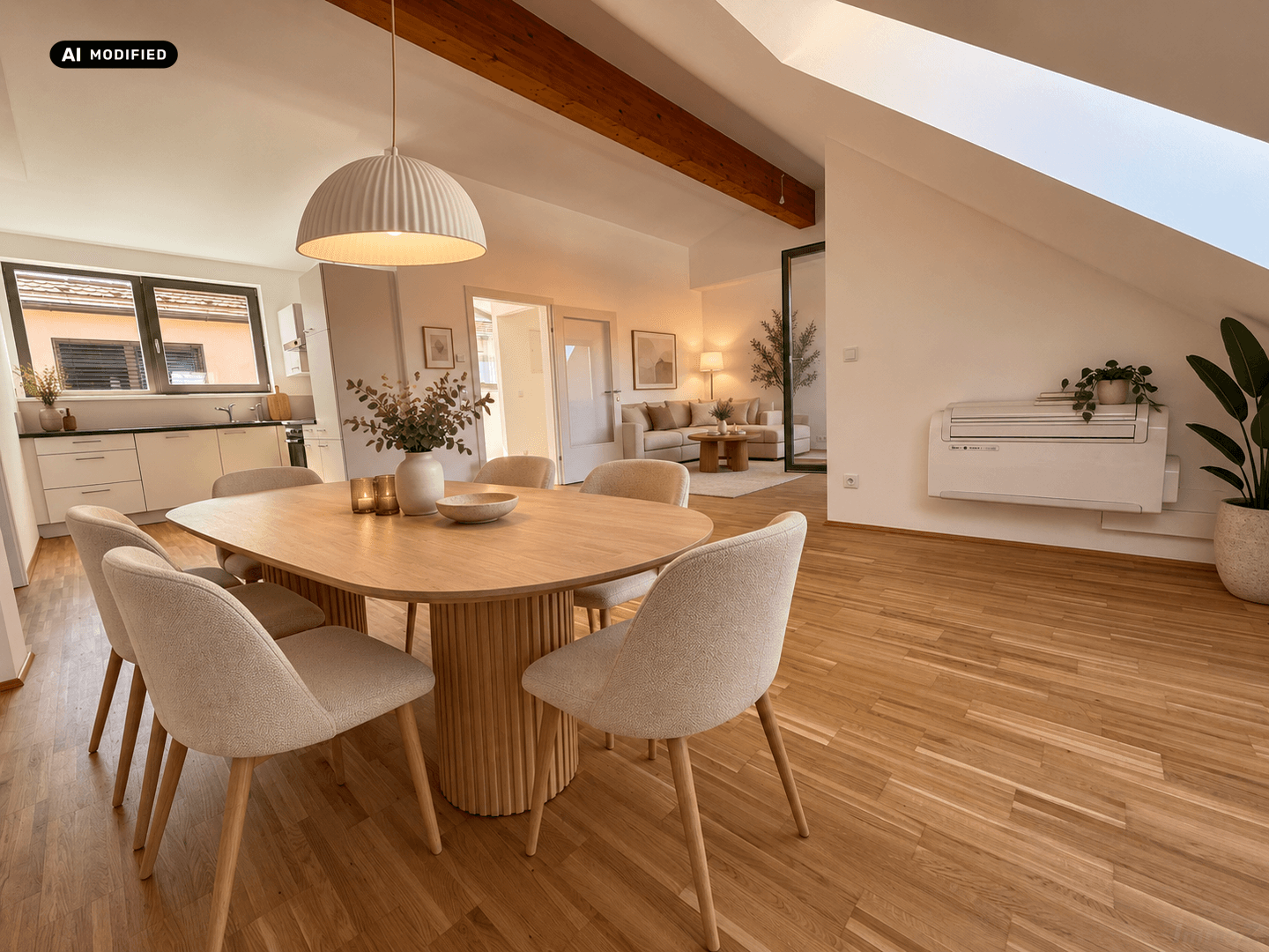 Moderner Essbereich mit Holztisch, Designerlampe und Blick in die offene Küche.