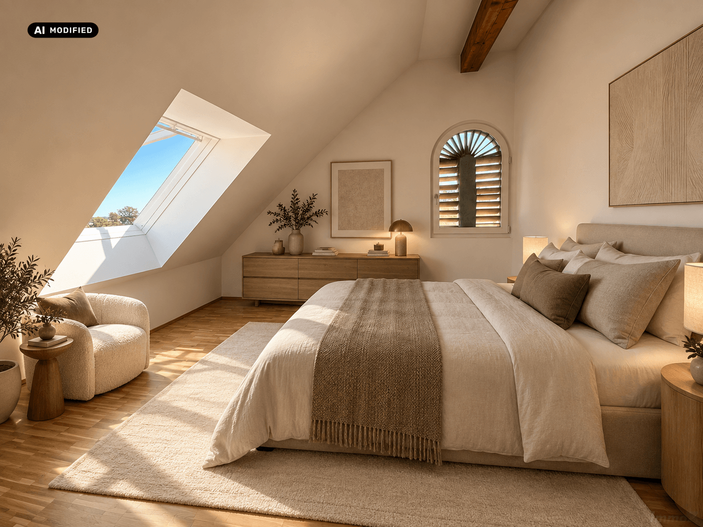 Gemütliches Schlafzimmer im Dachgeschoss mit Holzbalken, Parkett und Dachfenster.