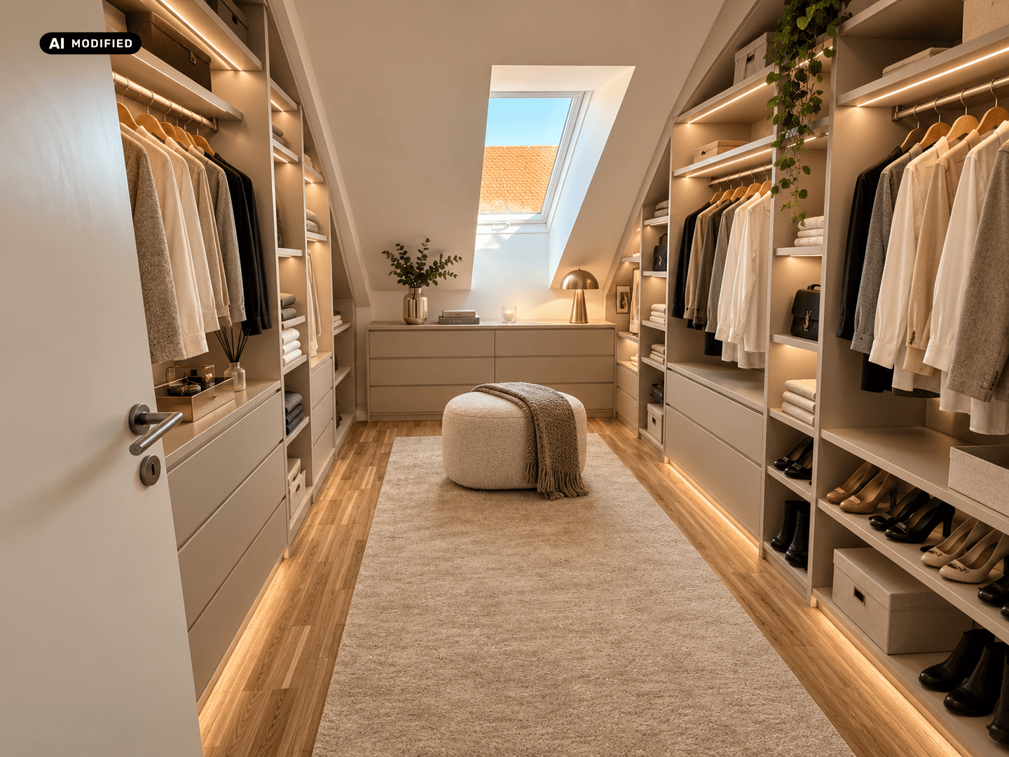 Geräumiger begehbarer Kleiderschrank mit integrierten Schränken und Dachfenster.