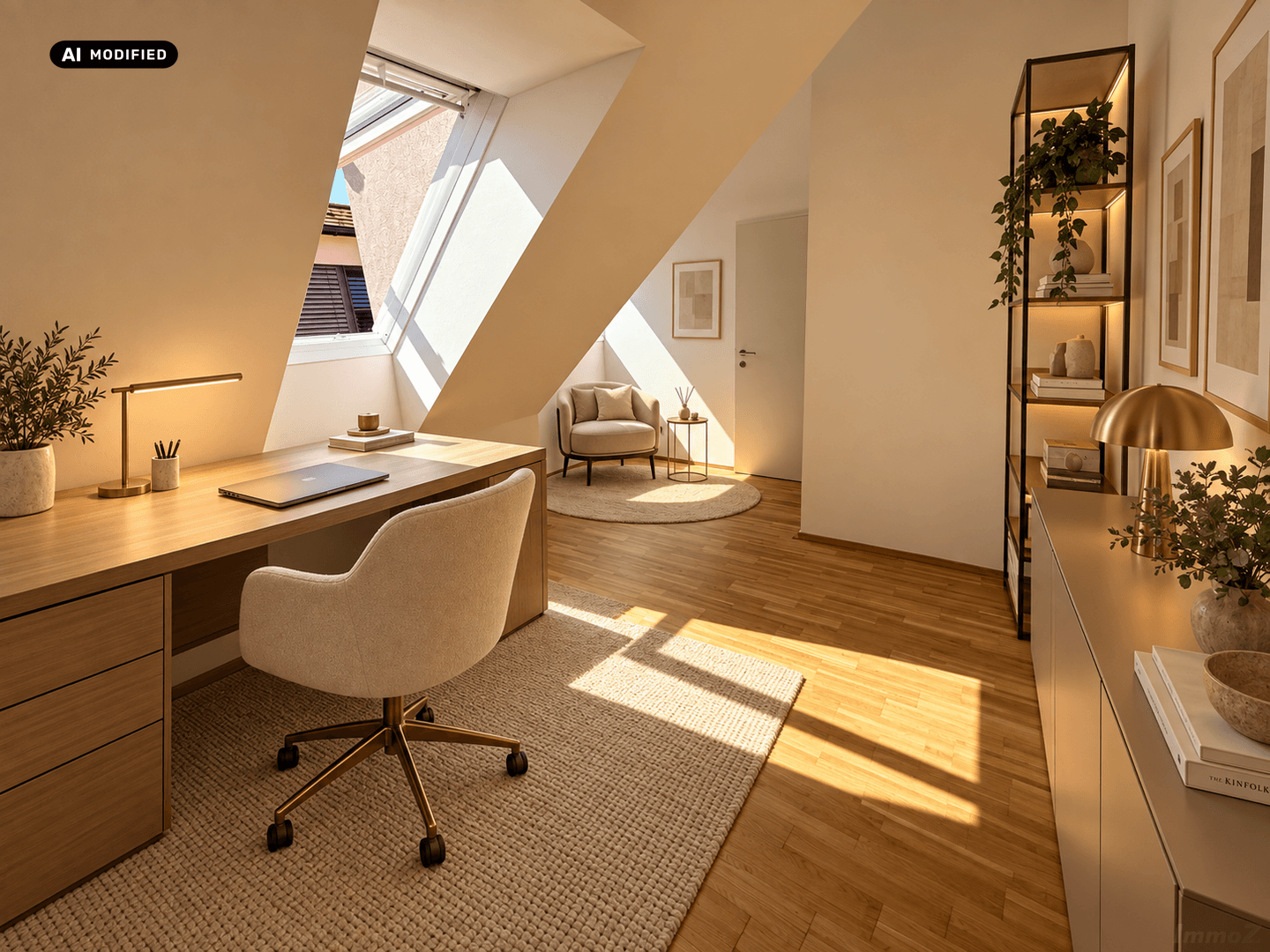 Modernes Home-Office im Dachgeschoss mit viel Tageslicht und Parkettboden.