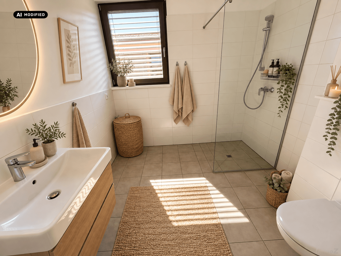 Modernes Badezimmer mit begehbarer Dusche, Fenster und hellen Fliesen.