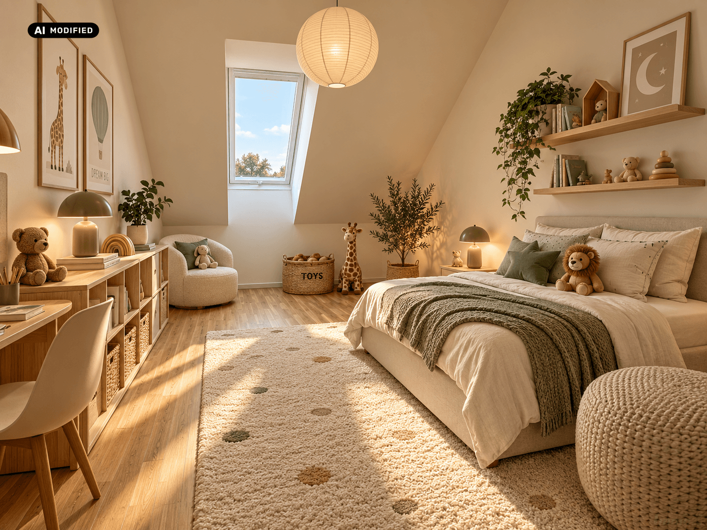 Freundliches Kinderzimmer mit Dachschräge, Dachfenster und liebevoller, kindgerechter Dekoration.