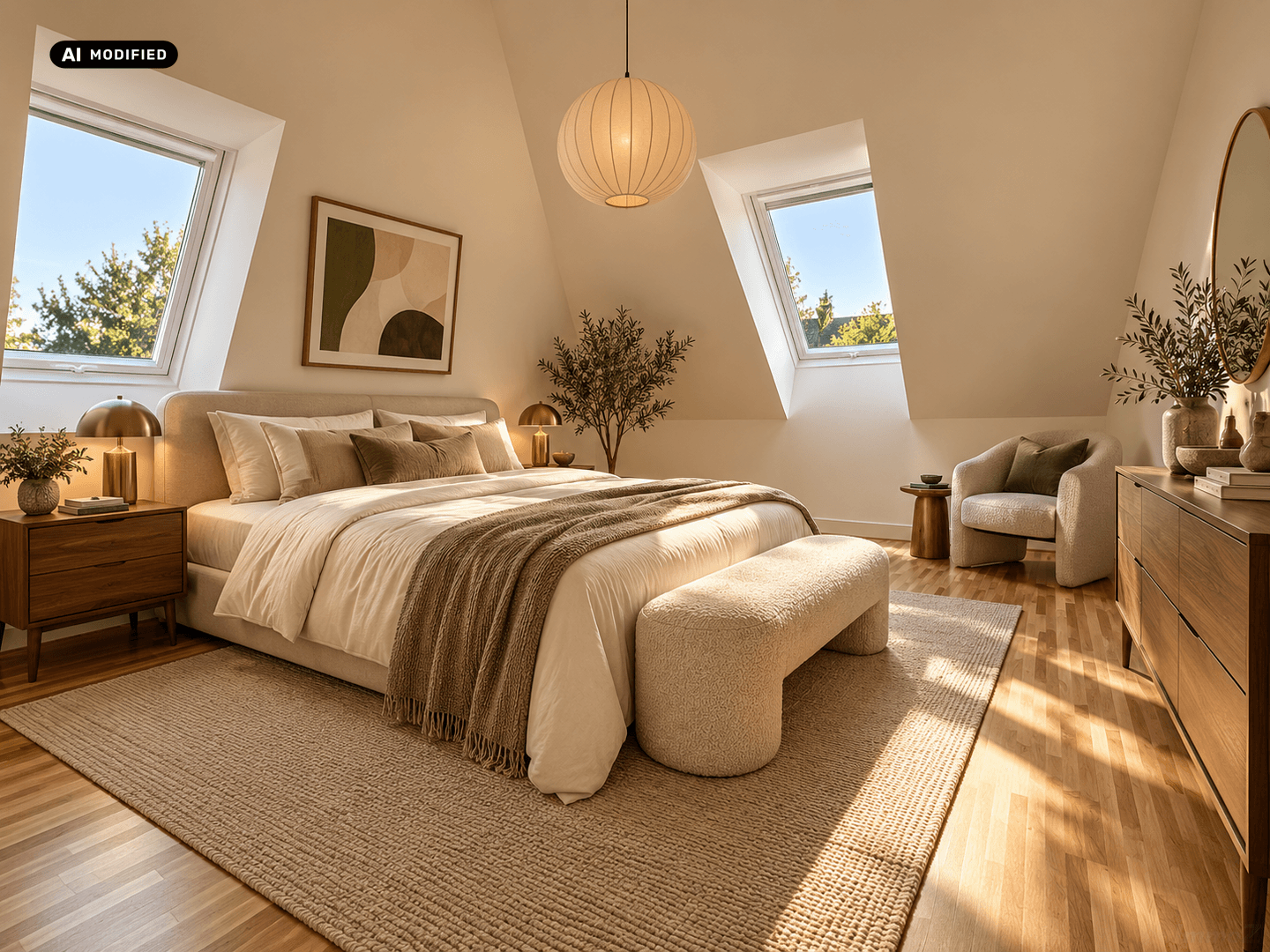 Gemütliches Schlafzimmer mit Dachschrägen, zwei Dachfenstern und moderner, warmer Einrichtung.