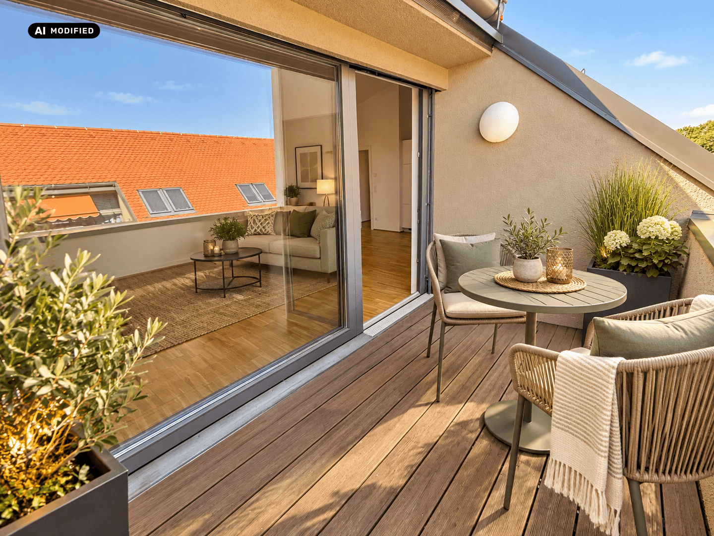 Attraktive Dachterrasse mit Holzboden, Sitzgelegenheiten und Blick über die Dächer.