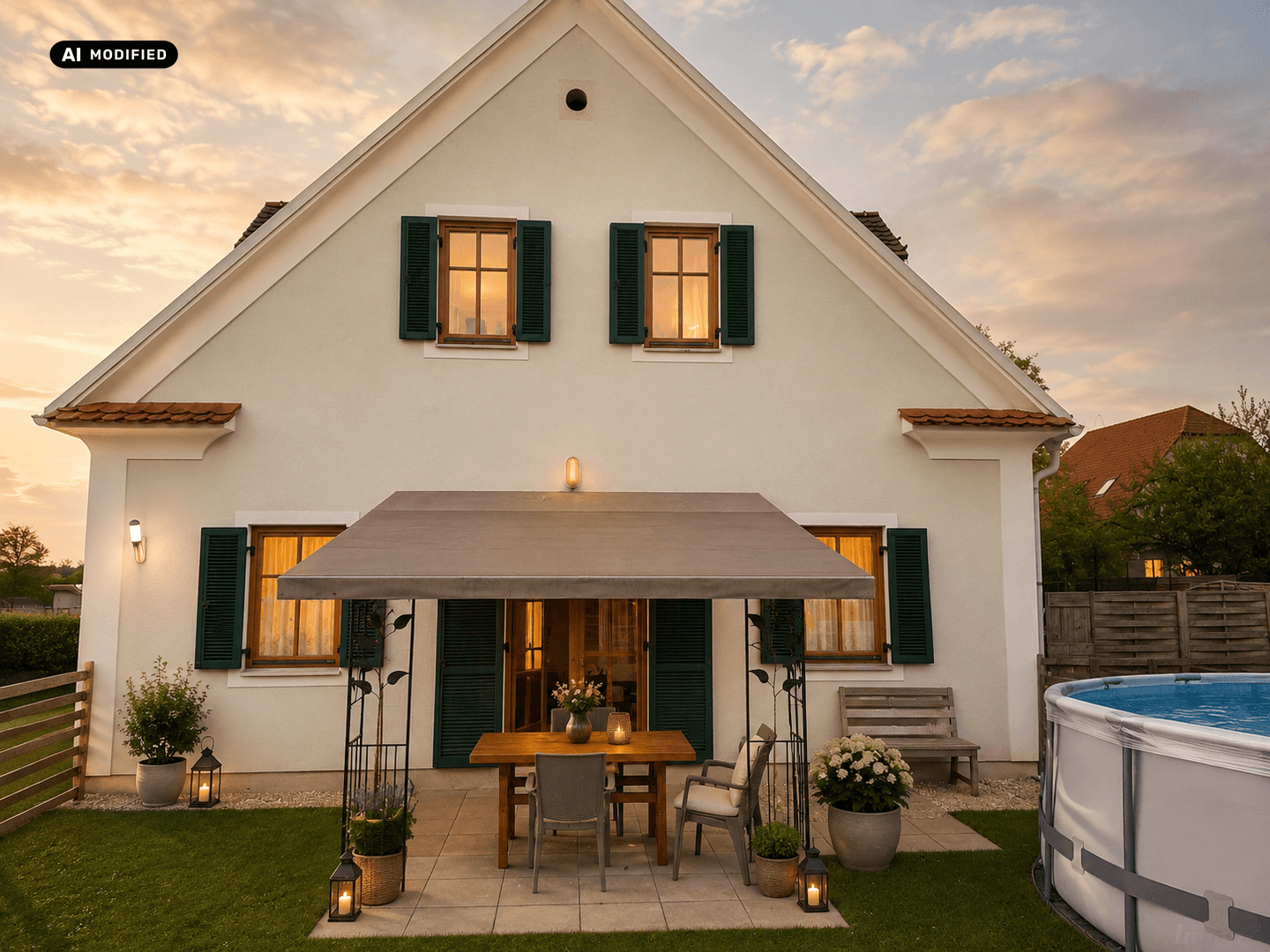 Gemütliche Terrasse mit Esstisch und Überdachung, ideal für entspannte Abende im Freien.