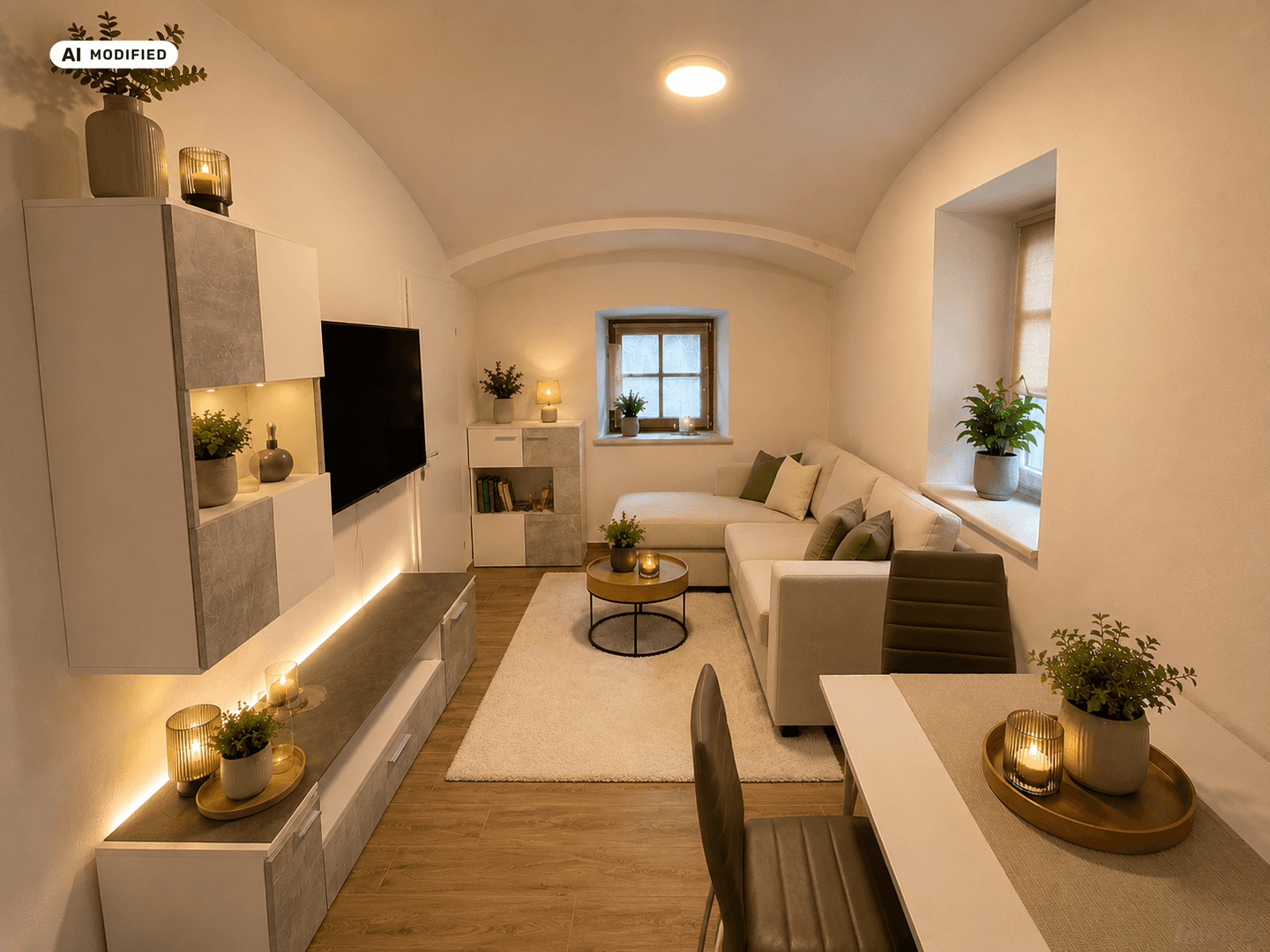 Modern eingerichtetes Wohnzimmer mit bequemer Eckcouch, Medieneinheit und indirekter Beleuchtung.