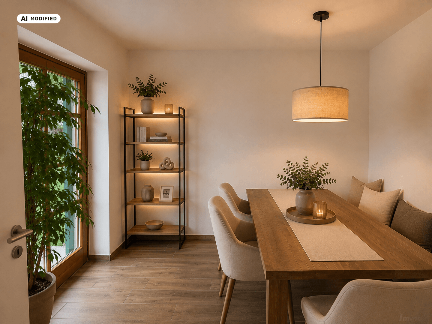 Heller Essbereich mit Holztisch, bequemen Stühlen und Zugang zum Garten durch eine Glastür.