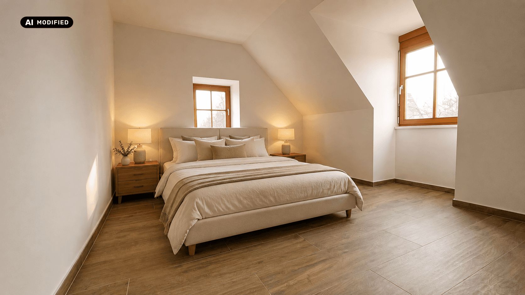 Helles Schlafzimmer im Dachgeschoss mit Holzboden, gemütlichem Bett und schrägen Wänden.
