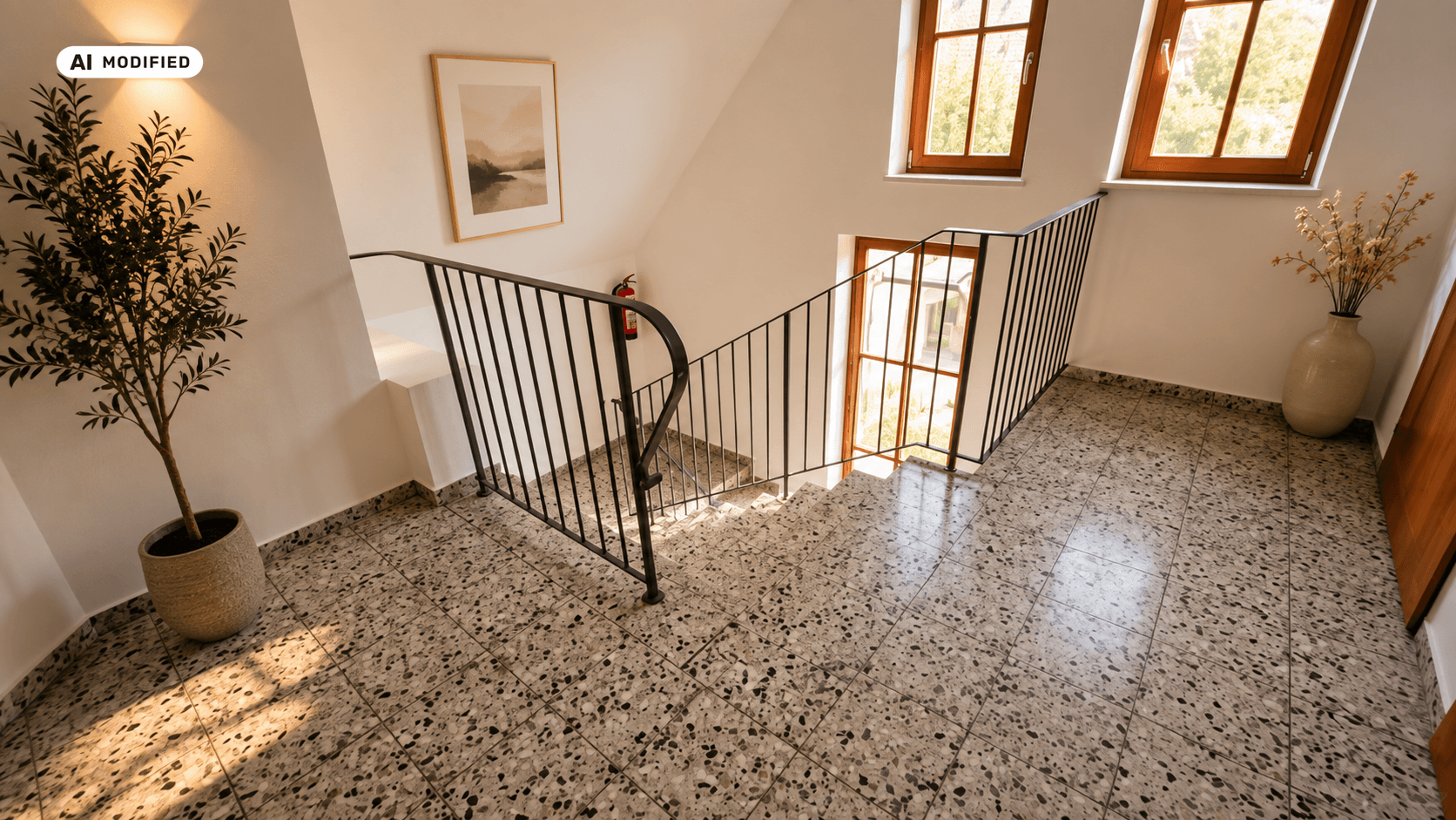 Geräumiger Treppenaufgang mit Terrazzoboden, schmiedeeisernem Geländer und viel Tageslicht.