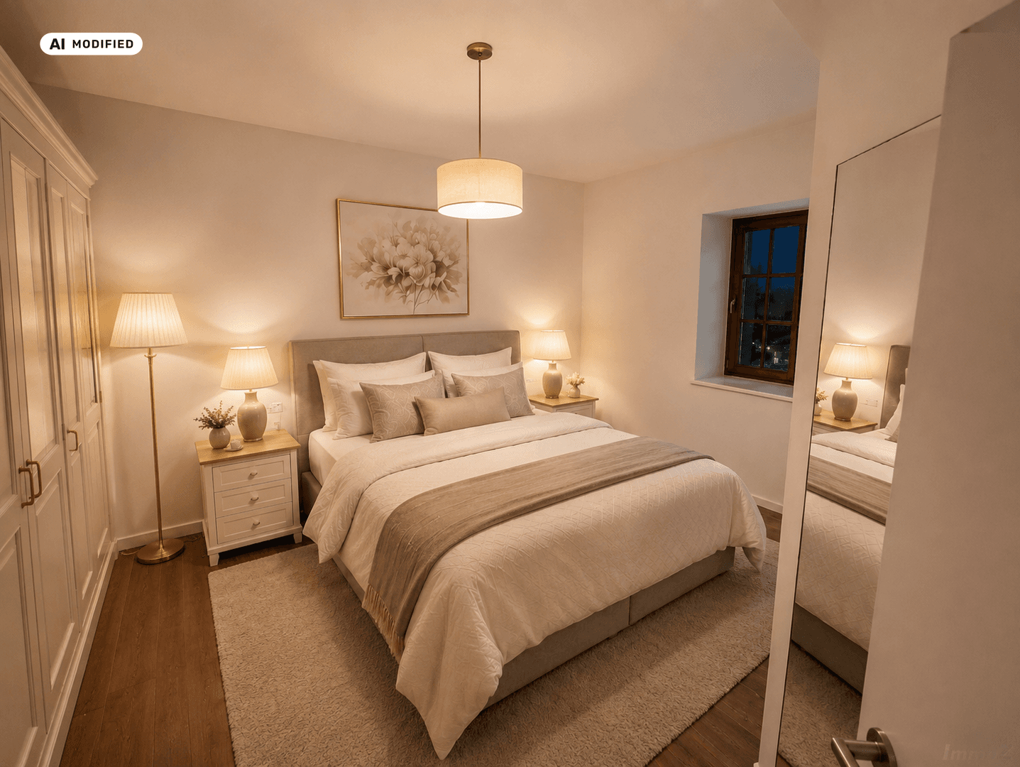 Gemütliches Schlafzimmer mit Doppelbett, Teppichboden und großem Kleiderschrank.