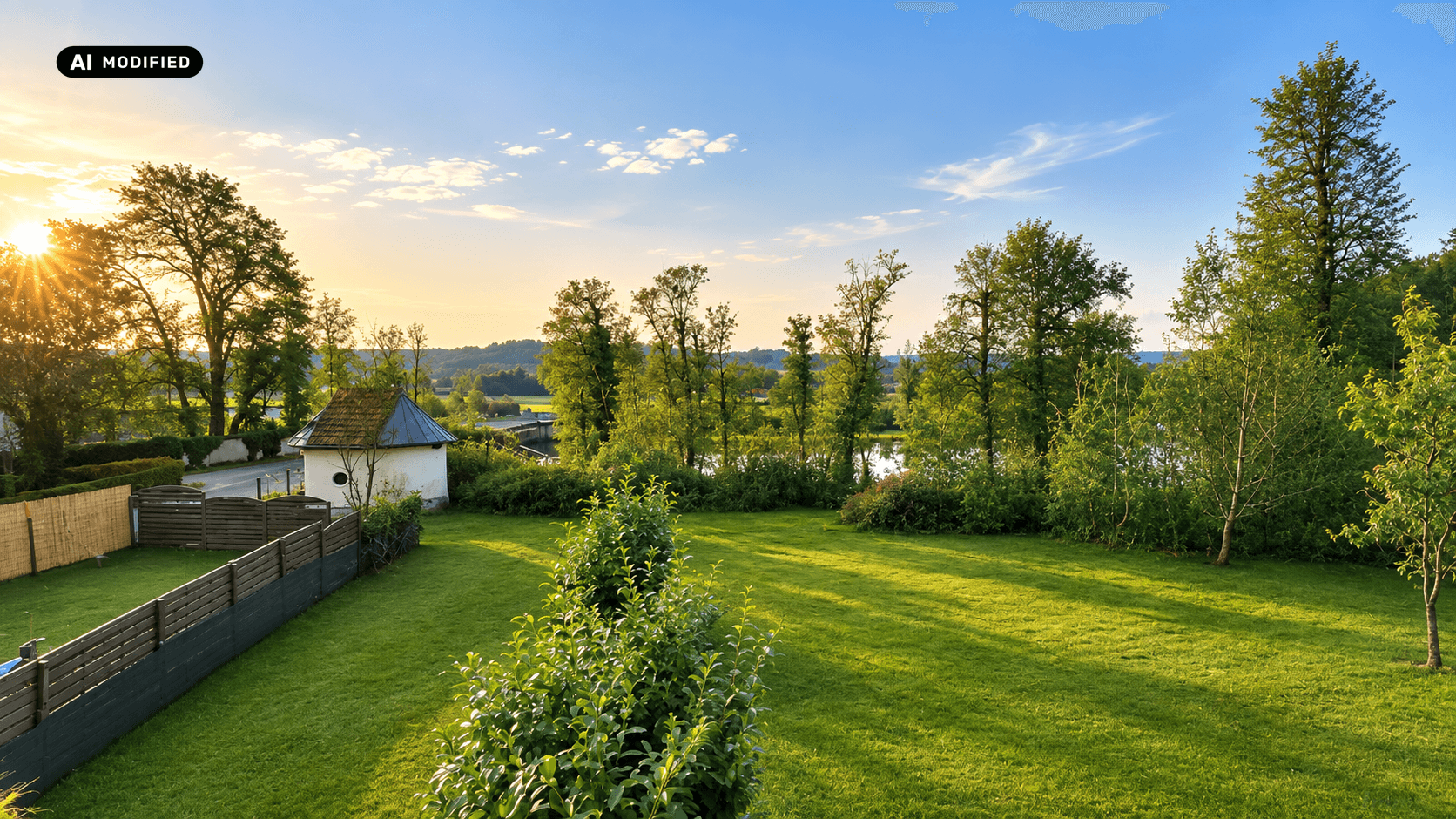 Weitläufiger Garten mit Rasenfläche und Blick auf die umliegende Landschaft und einen See.