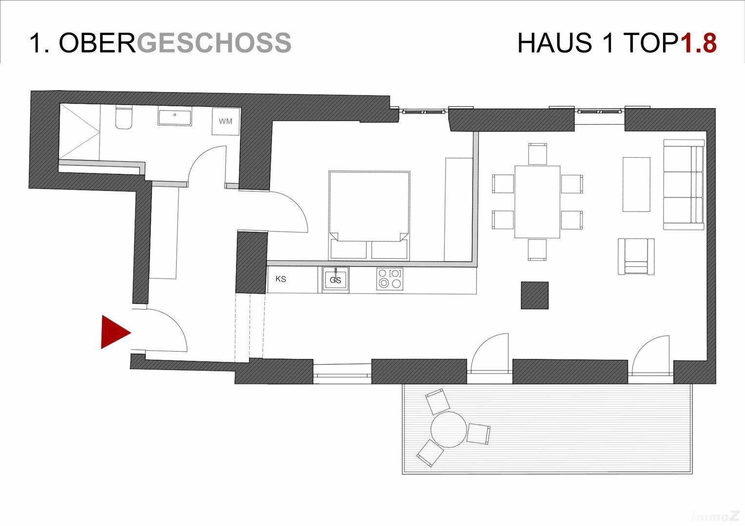 Grundriss des Obergeschosses zeigt eine Wohnung mit offenem Wohnbereich und Balkon.