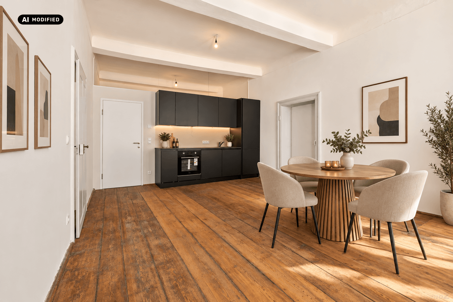 Moderne Einbauküche in Schwarz mit Essbereich und rustikalem Holzboden.