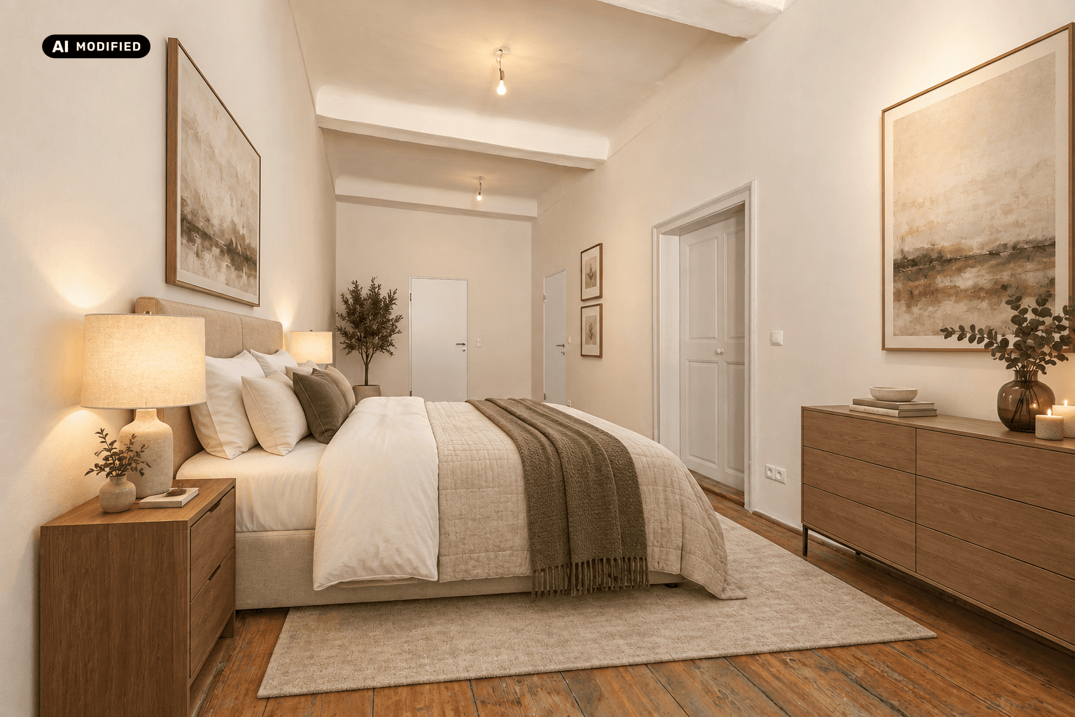 Gemütliches Schlafzimmer mit Holzboden, großem Bett und moderner Einrichtung.