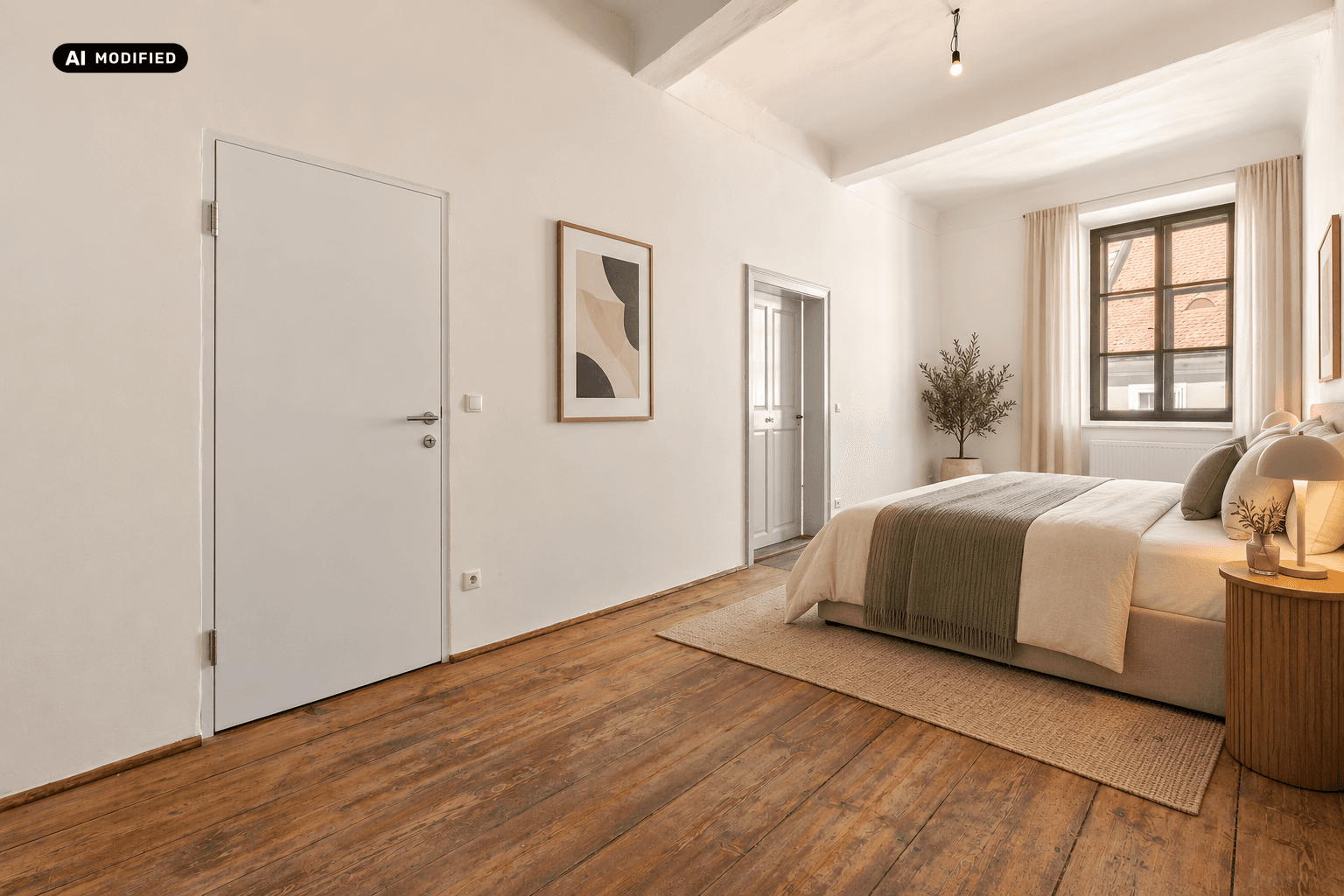 Helles Schlafzimmer mit rustikalem Holzboden, hohen Decken und Blick nach draußen.
