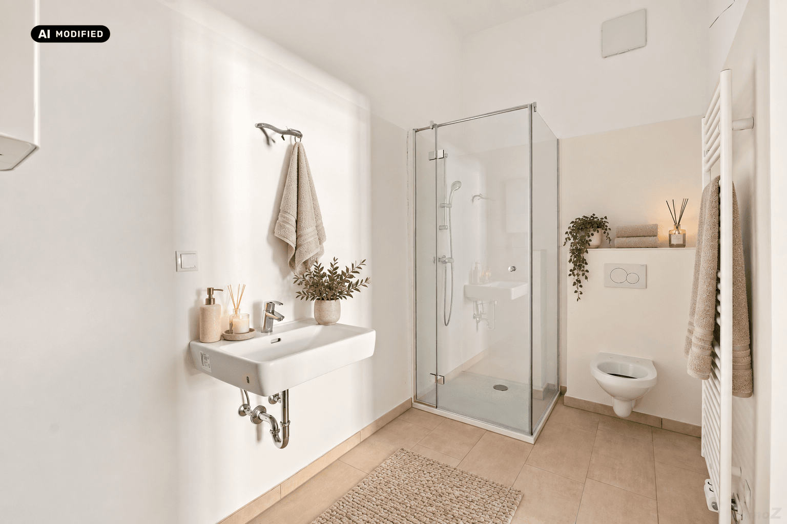 Modernes Badezimmer mit Dusche, Waschbecken und beheiztem Handtuchhalter.