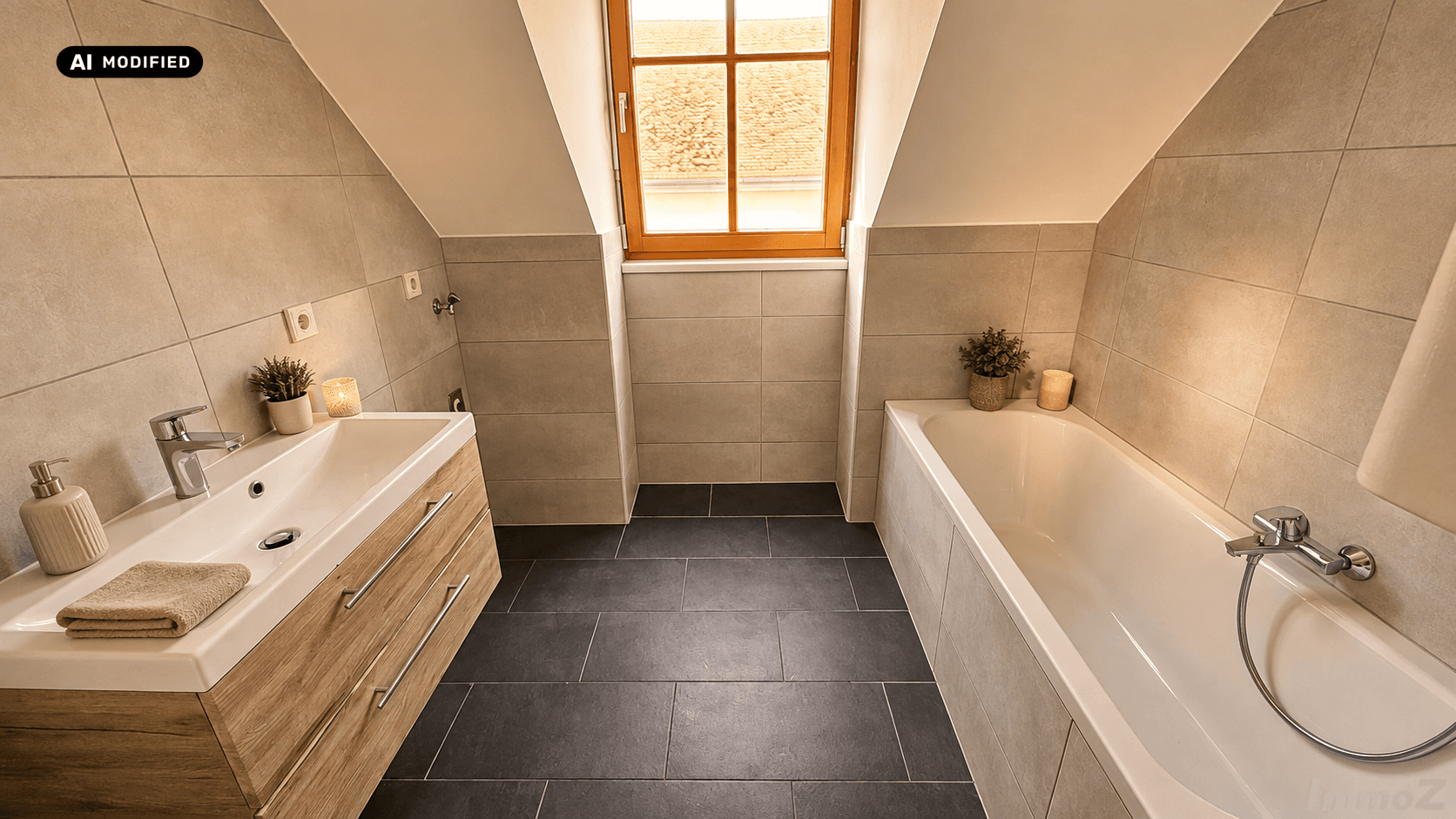 Modernes Badezimmer mit Badewanne, Einzelwaschbecken und Dachfenster für Tageslicht.
