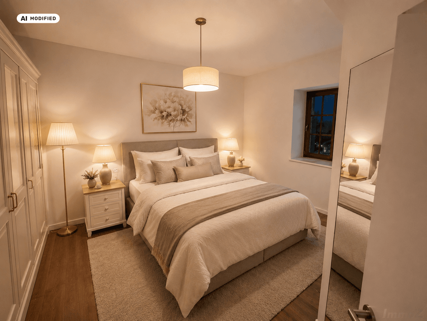 Gemütliches Schlafzimmer mit Doppelbett, Nachttischen und Kleiderschrank, gut beleuchtet.