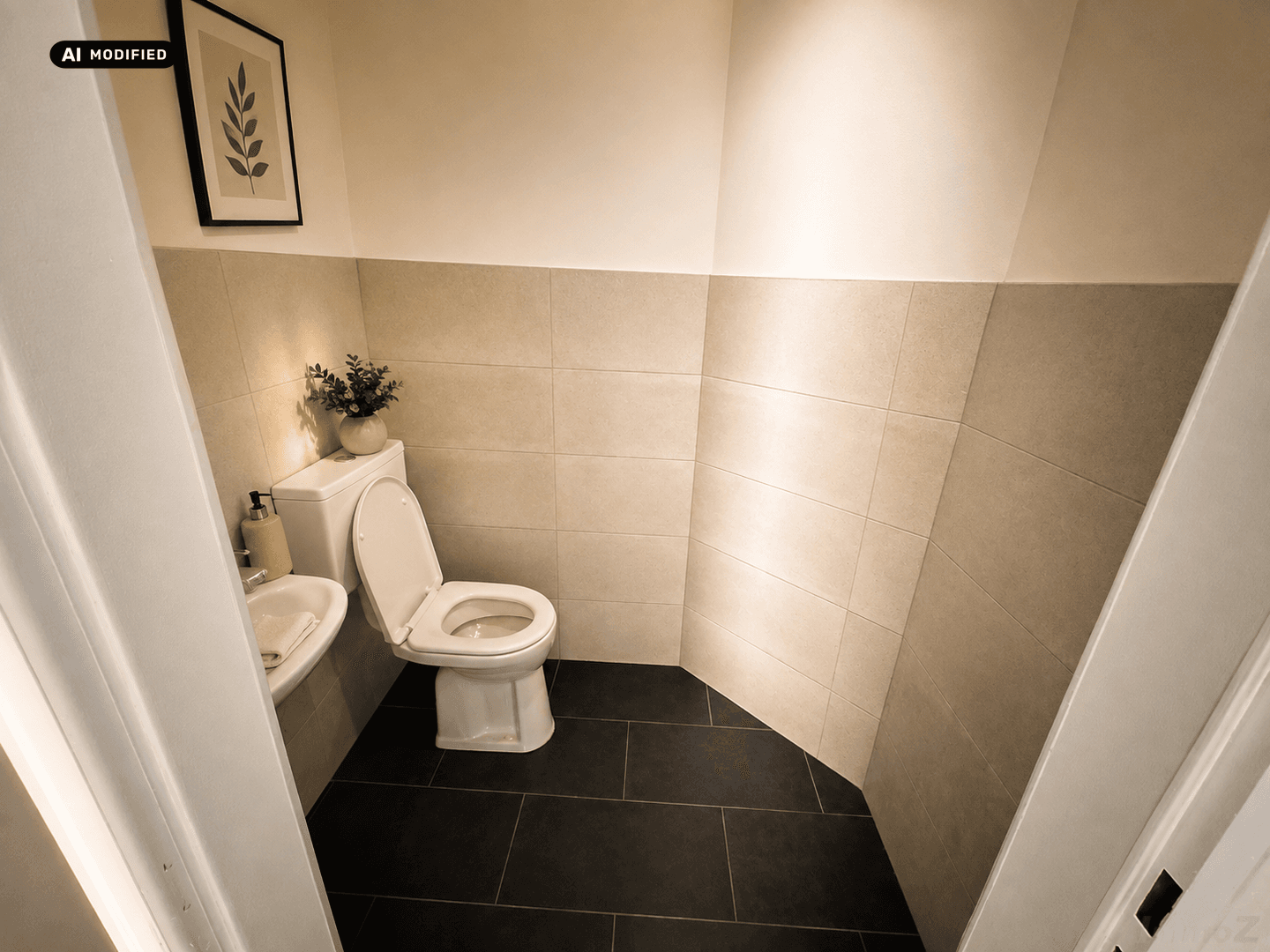 Kleines Gäste-WC mit Wandfliesen und dunklem Boden, funktional und sauber.