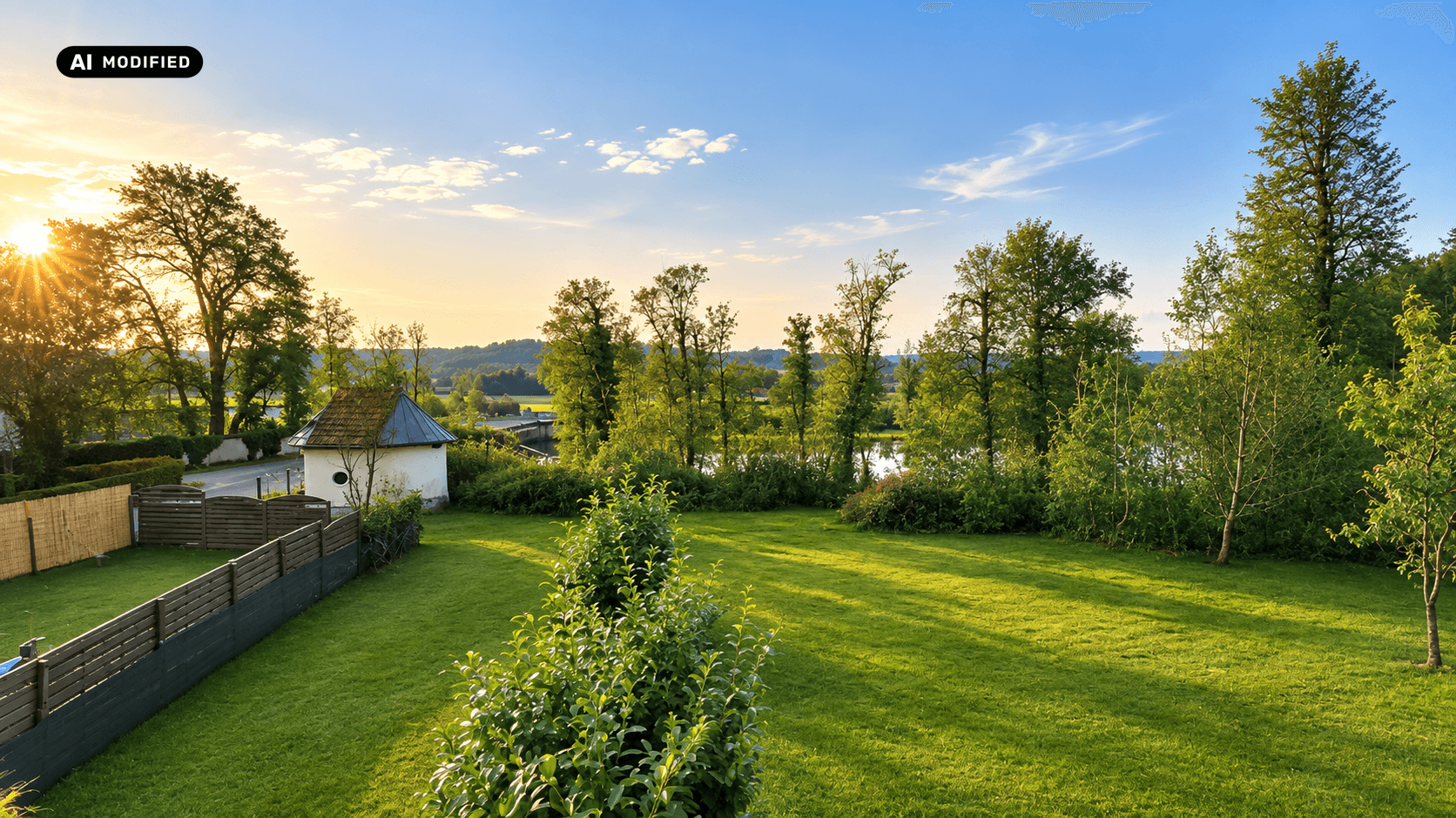 Weitläufiger Garten mit Rasenfläche und altem Baumbestand, bietet einen weiten Blick.