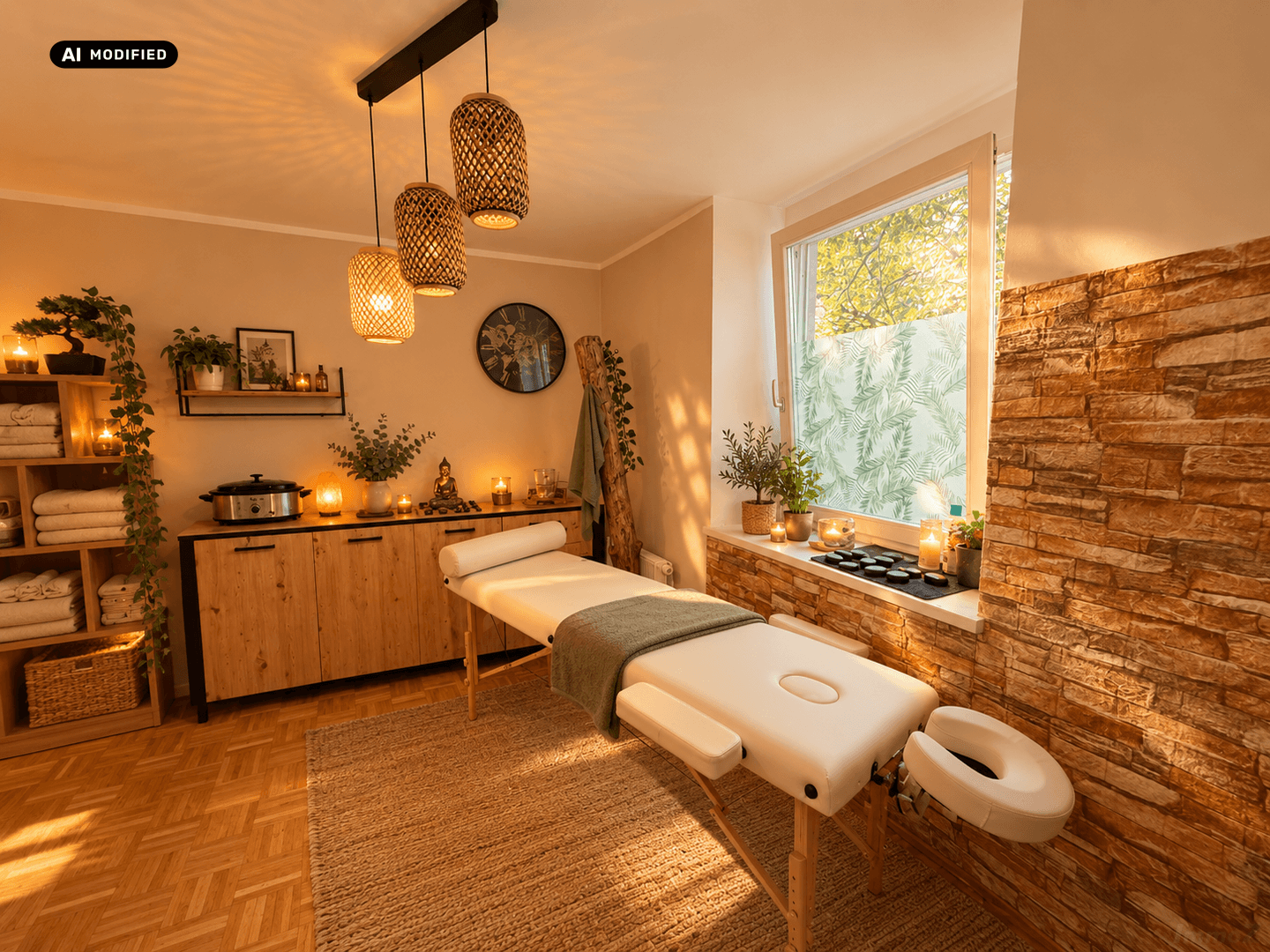 Gemütlicher Raum, eingerichtet als Wellnessbereich mit Massageliege, Steinwand und stimmungsvoller Beleuchtung.