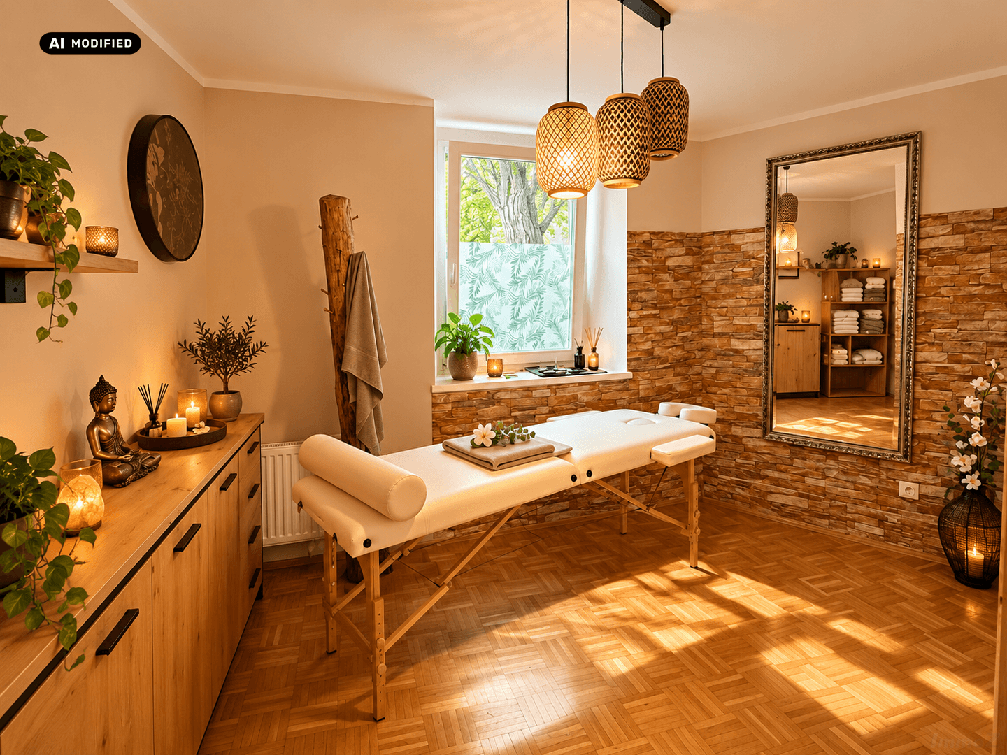 Entspannender Wellnessraum mit Massageliege, großem Spiegel und dekorativen Elementen für eine ruhige Atmosphäre.