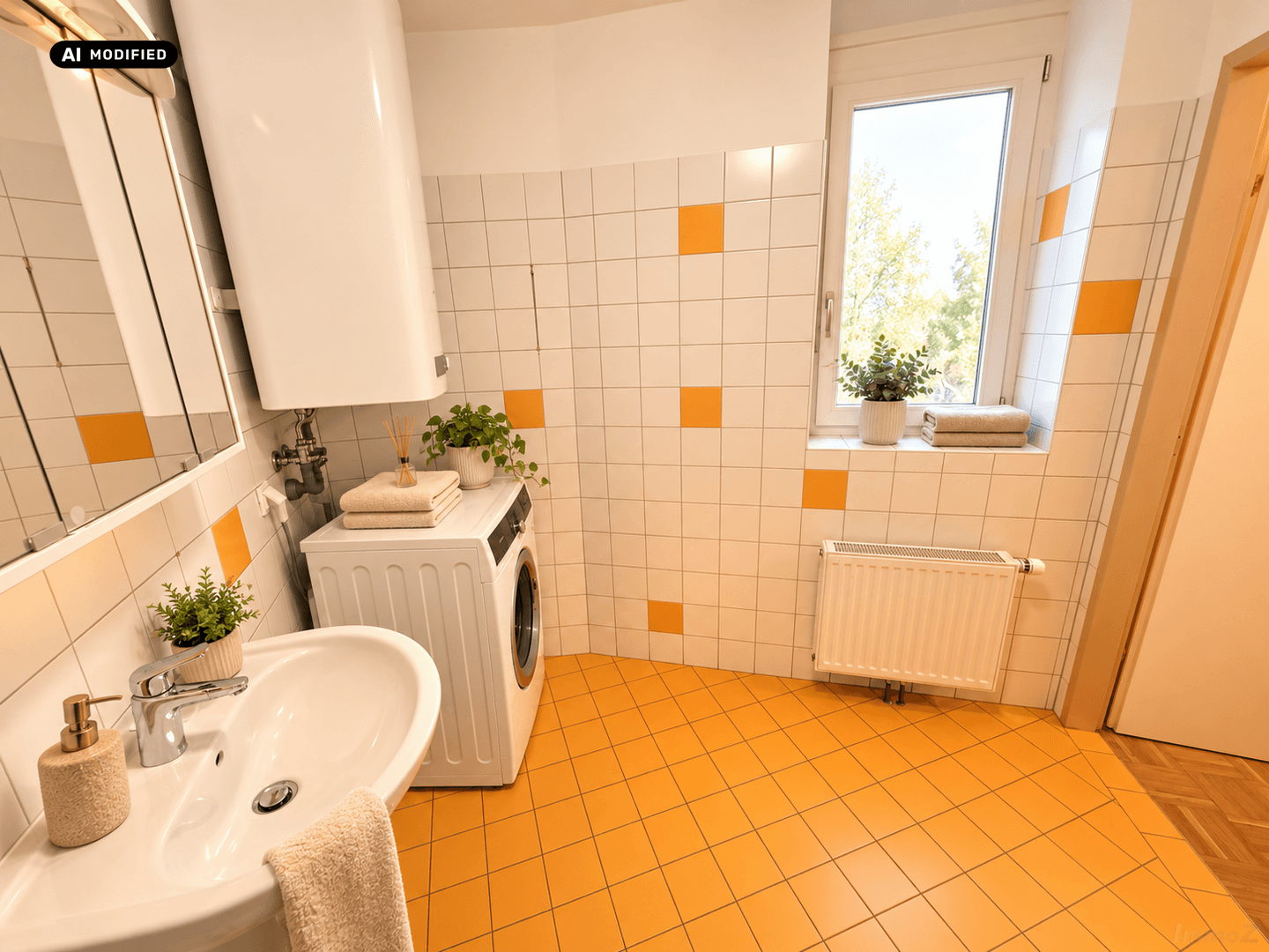 Badezimmer mit gelb-weißen Fliesen, Waschbecken, Waschmaschine und Fenster für Tageslicht.