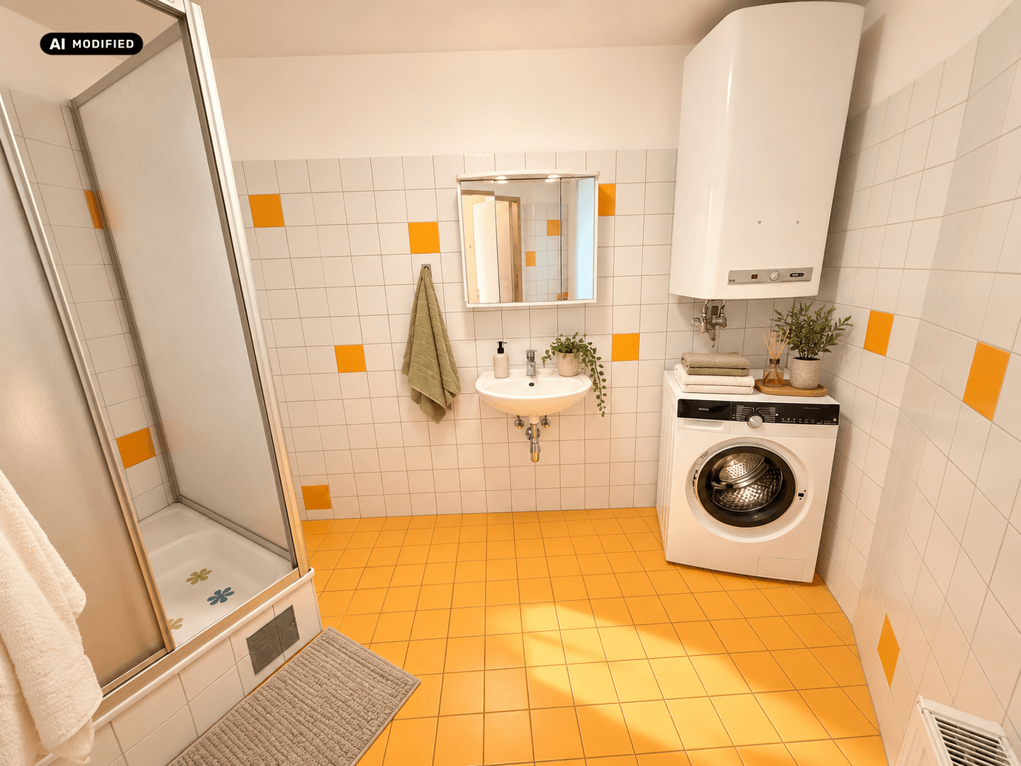 Funktionales Badezimmer mit Duschkabine, Waschbecken und gelb-weißen Fliesen im Retro-Stil.