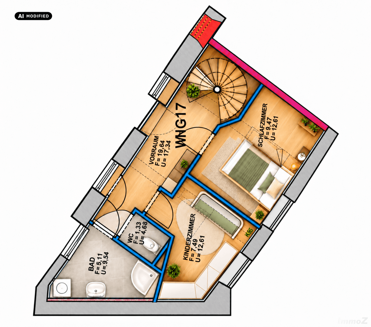 Grundriss der oberen Etage mit Schlafzimmer, Kinderzimmer, Bad und Wendeltreppe.