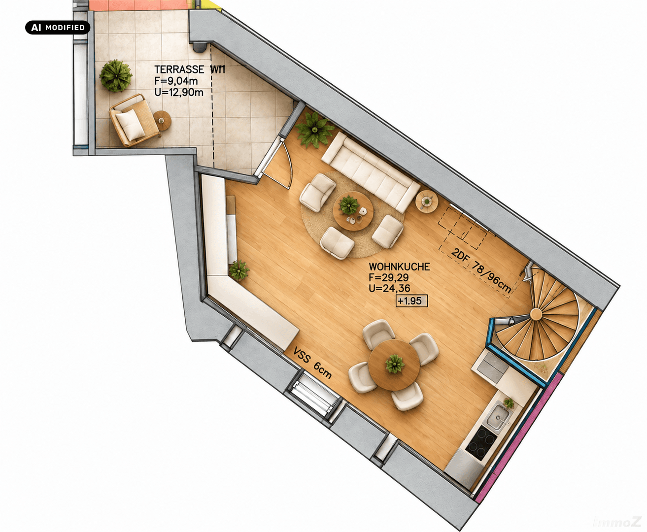 Grundriss der unteren Etage mit Wohnküche, Terrasse und Zugang zur Wendeltreppe.