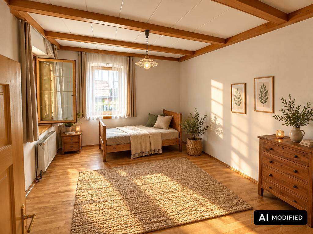 Skandinavisches Schlafzimmer im warmen Sonnenlicht