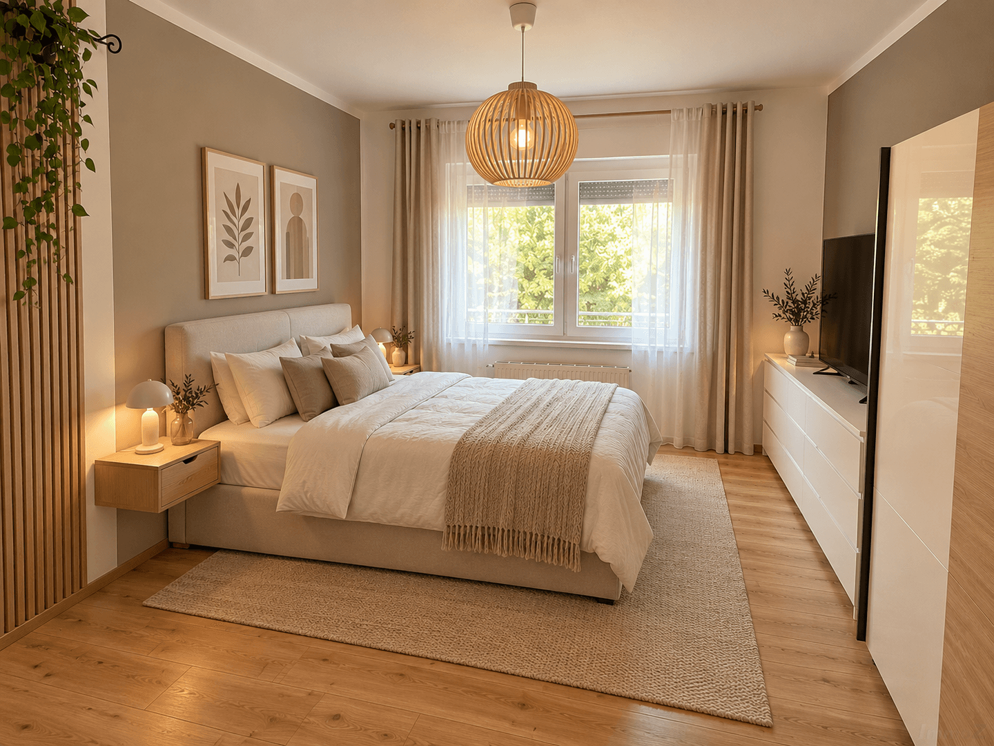 Gemütliches Schlafzimmer mit hellem Holzboden, modernem Bett und viel Tageslicht durch das Fenster.