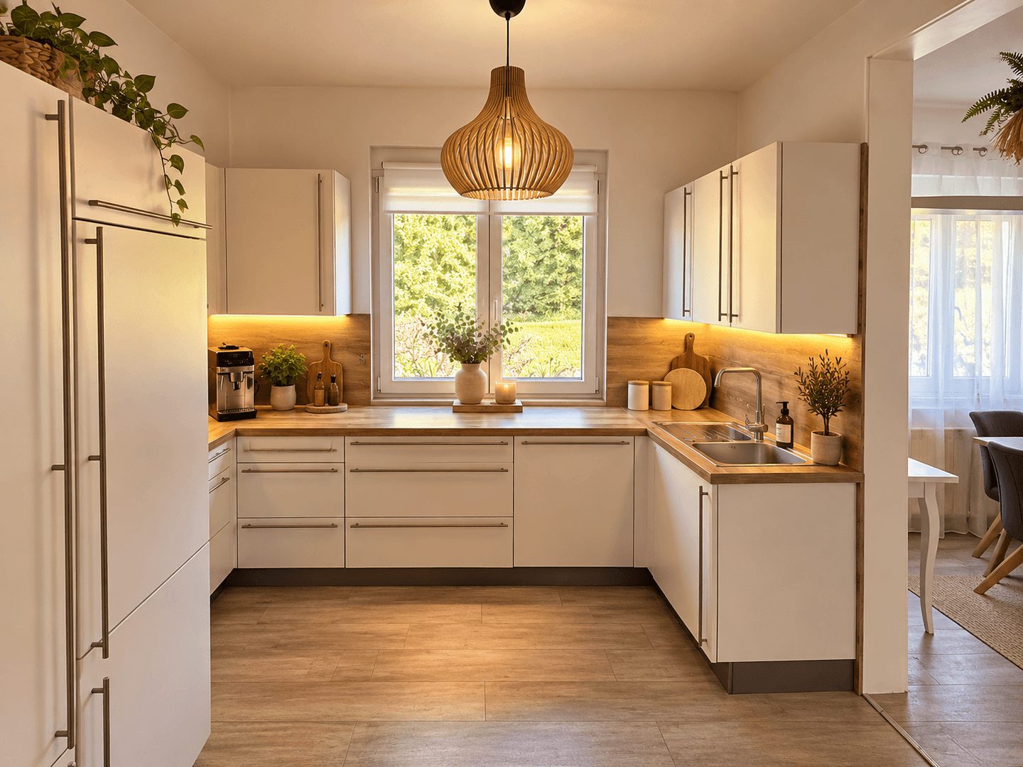 Moderne Küche mit weißen Schränken, Holzdetails und Blick in den Garten, hell und einladend.