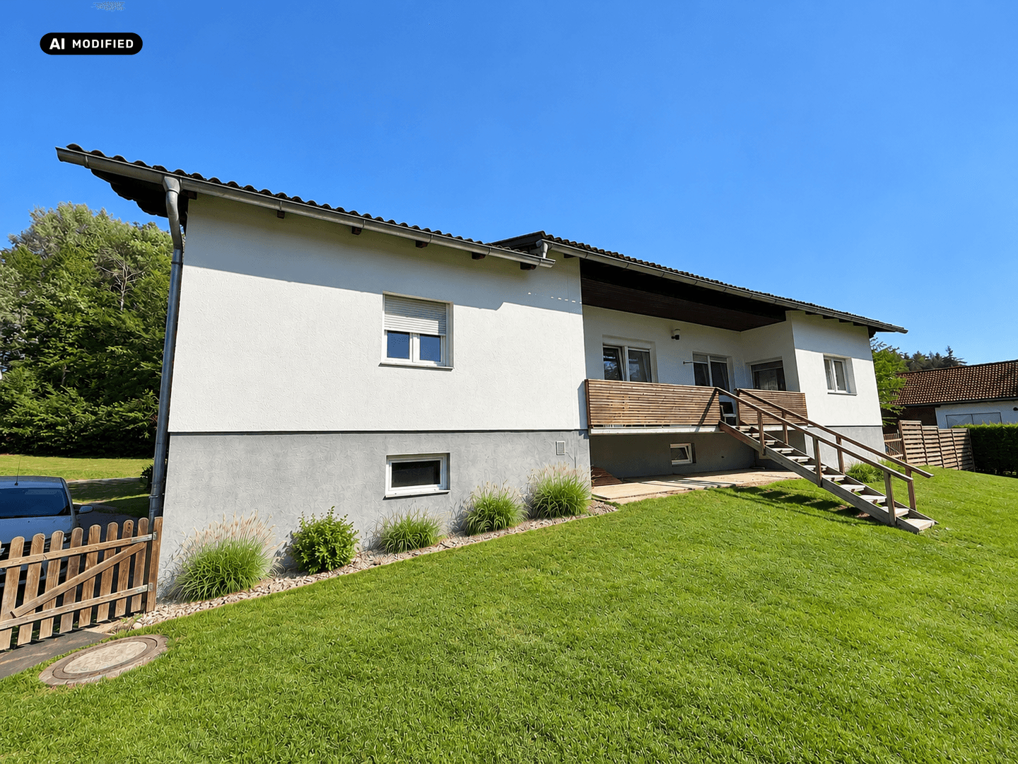 Seitenansicht des Hauses mit gepflegtem Rasen und einer Treppe, die zum oberen Bereich führt.