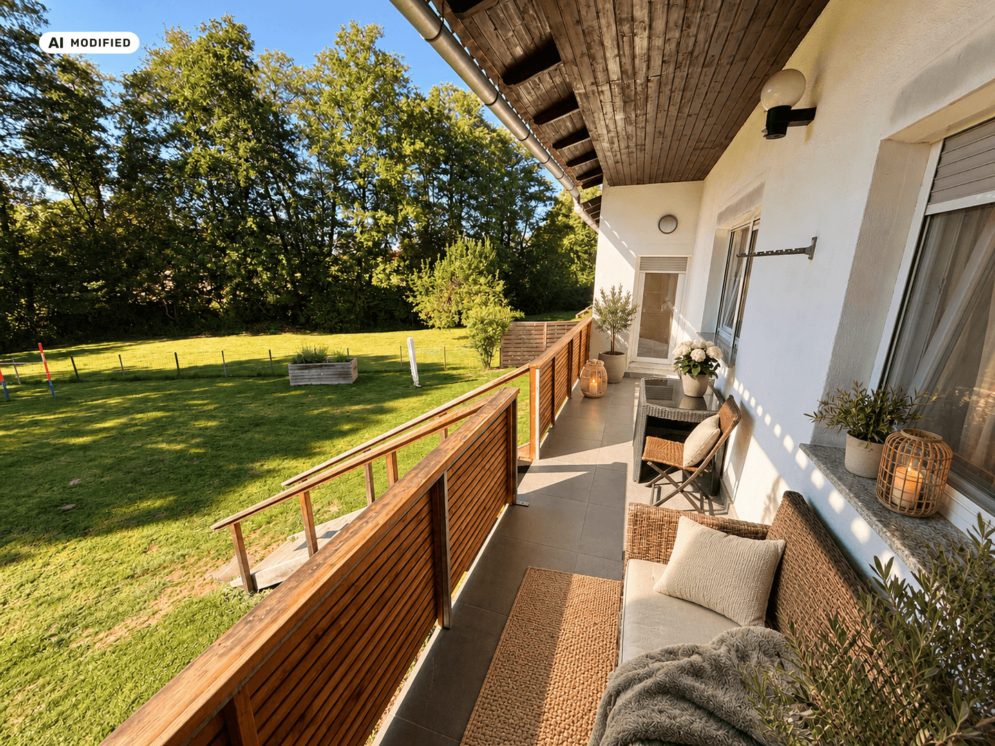 Gemütlicher Balkon mit Holzboden und Blick ins Grüne, ideal für entspannte Momente im Freien.