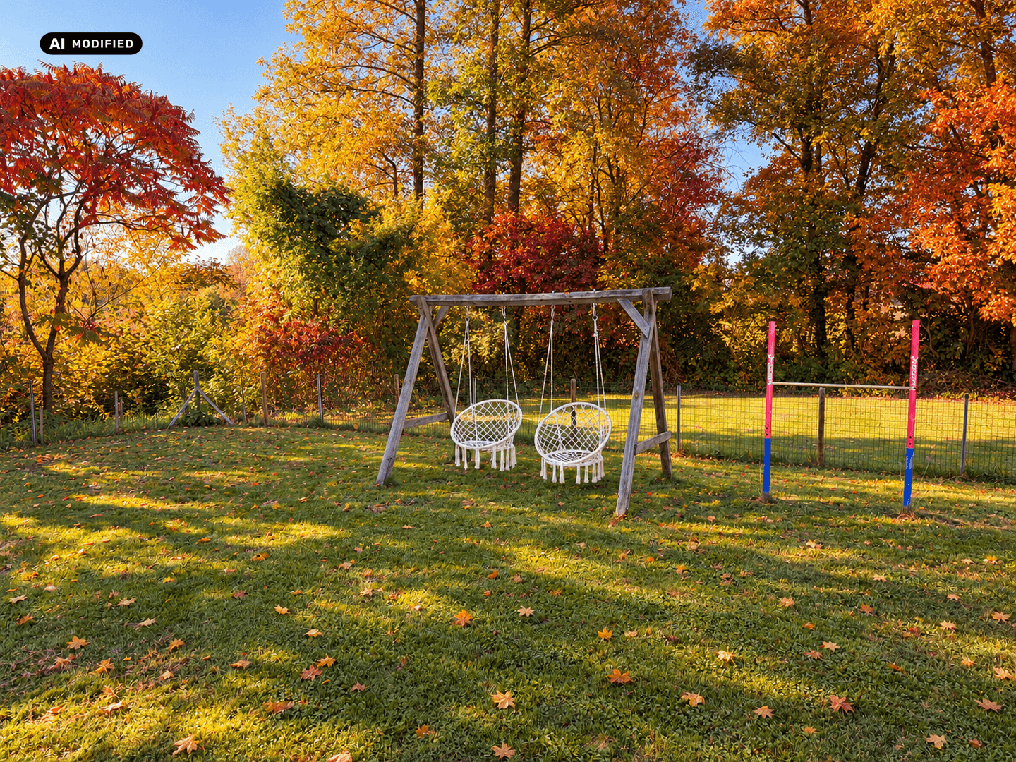 Großer Gartenbereich mit Schaukeln und bunten Herbstbäumen, perfekt für Kinder und Freizeitaktivitäten.