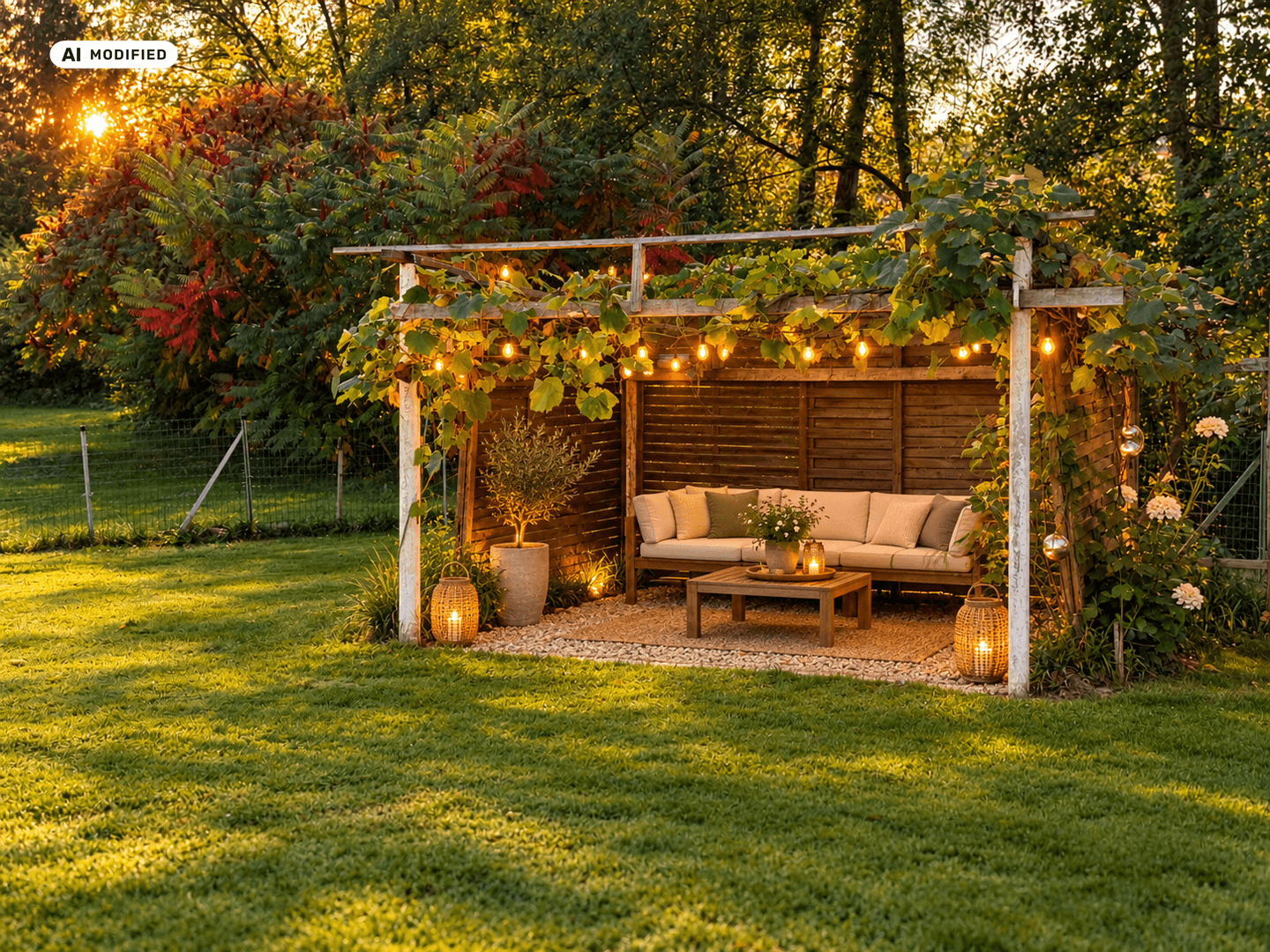 Romantische Pergola mit Lichterketten und bequemen Sitzgelegenheiten, umgeben von üppigem Grün.